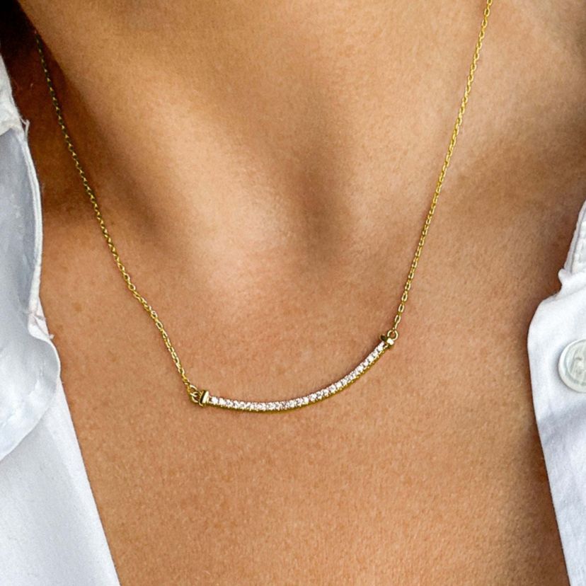 14k Yellow Gold Plated Crystal Curved Bar Necklace
