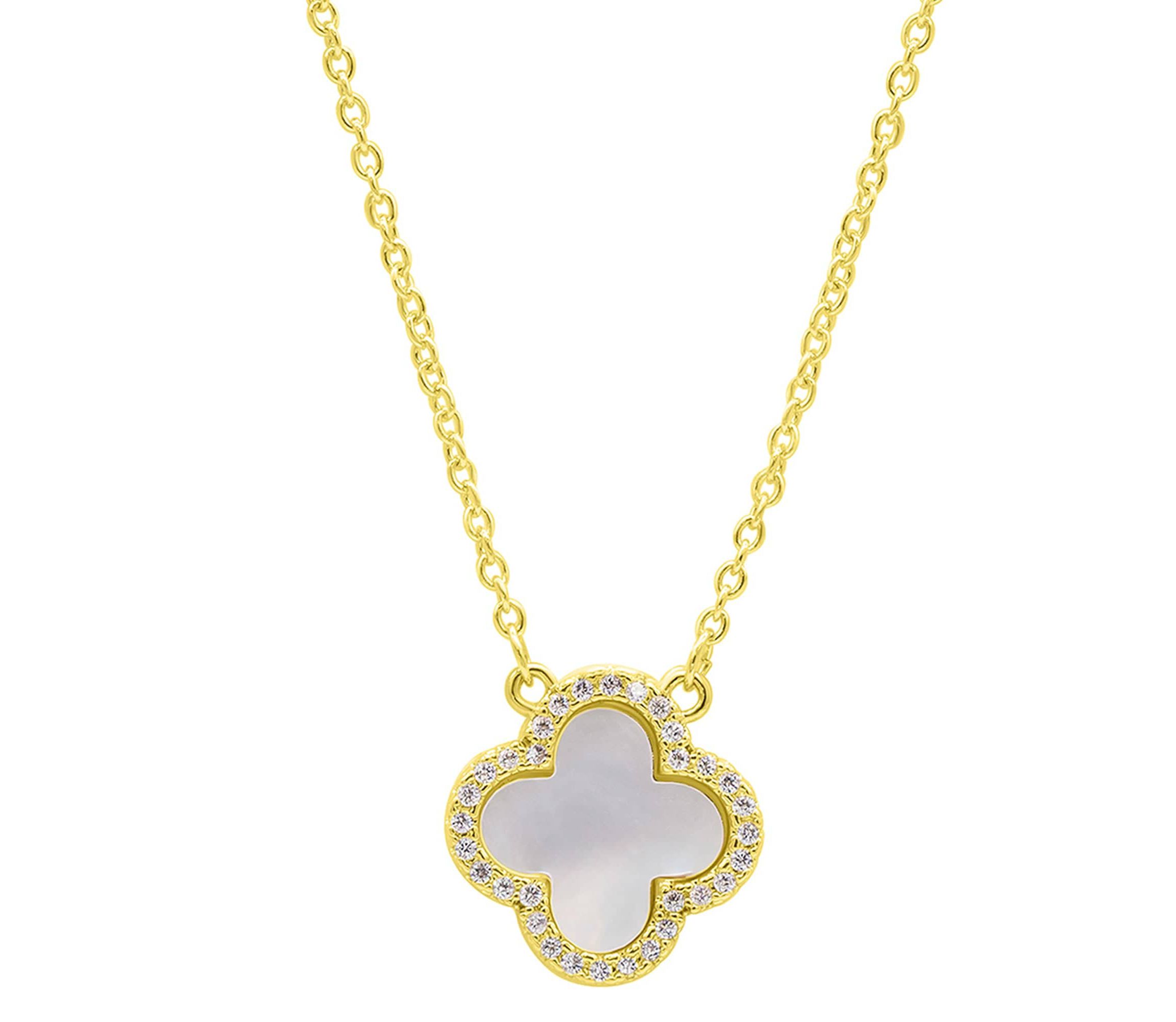 14k Gold Plated Crystal Halo White Mother of Pearl Clover Necklace