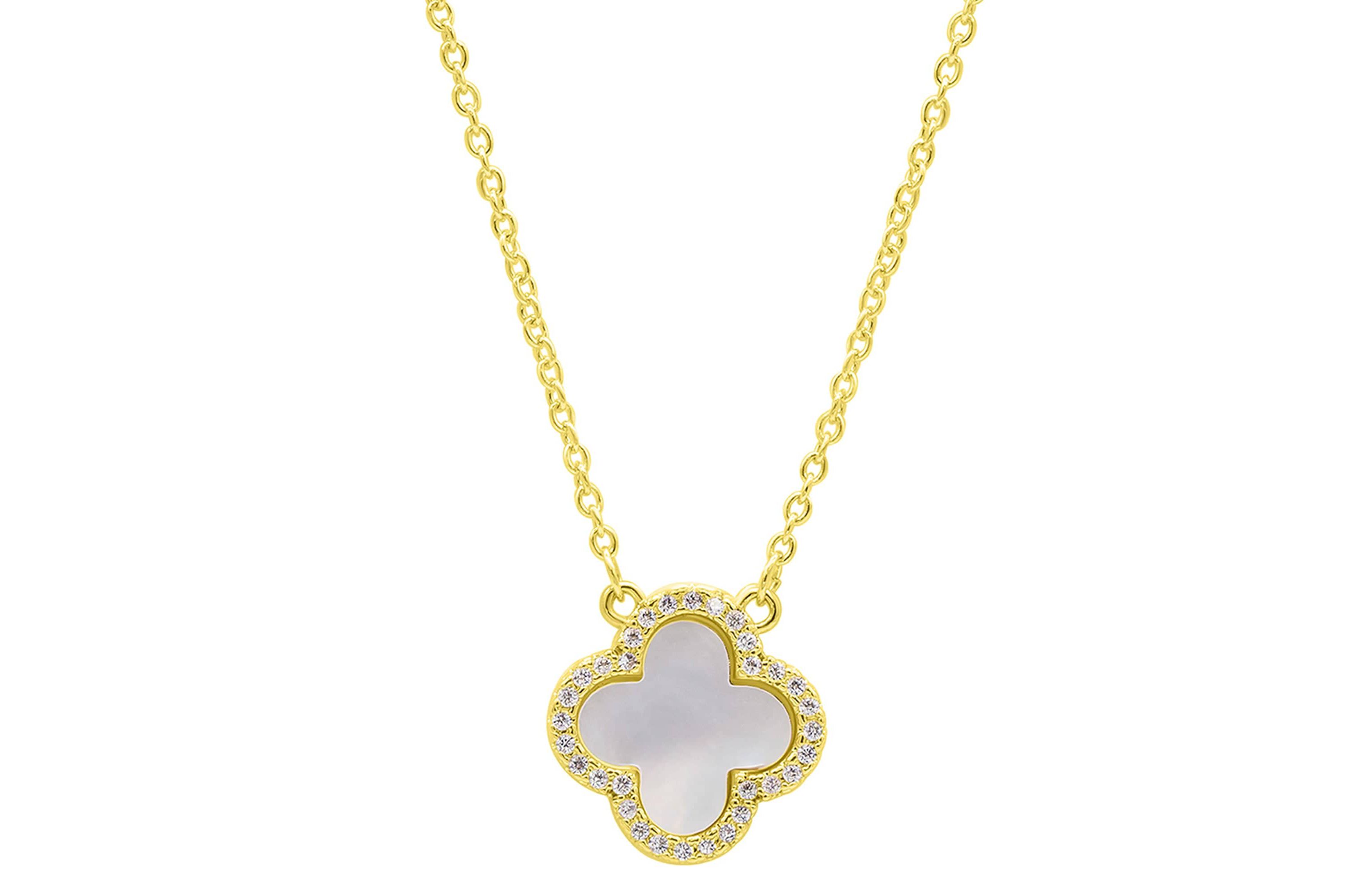 14k Gold Plated Crystal Halo White Mother of Pearl Clover Necklace