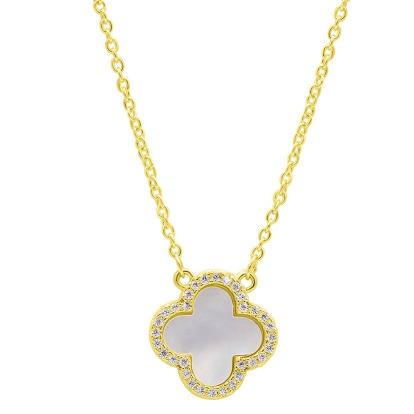 14k Gold Plated Crystal Halo White Mother of Pearl Clover Necklace