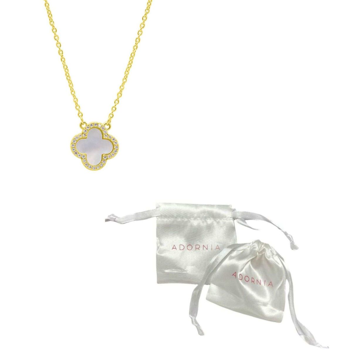 14k Gold Plated Crystal Halo White Mother of Pearl Clover Necklace