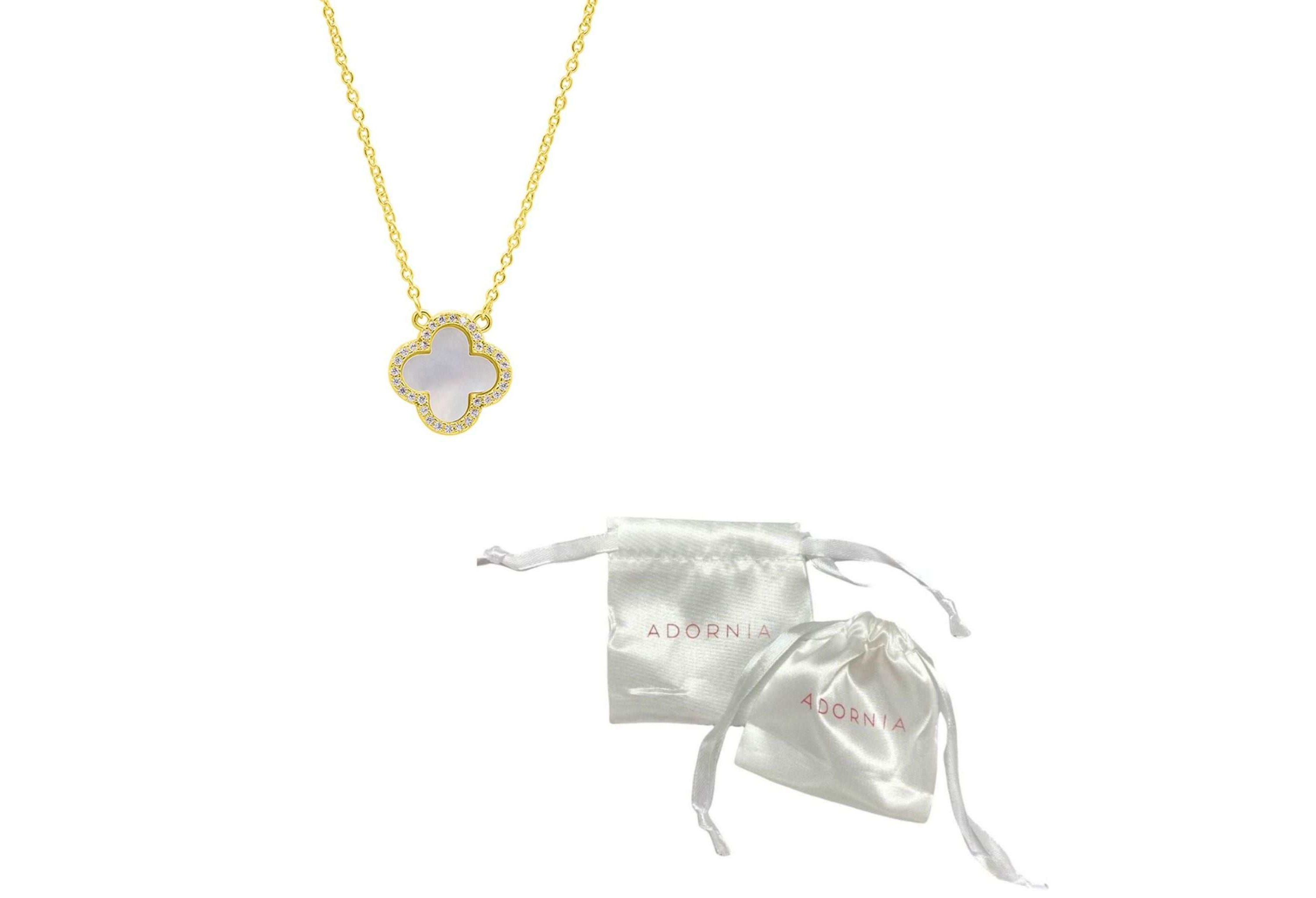 14k Gold Plated Crystal Halo White Mother of Pearl Clover Necklace