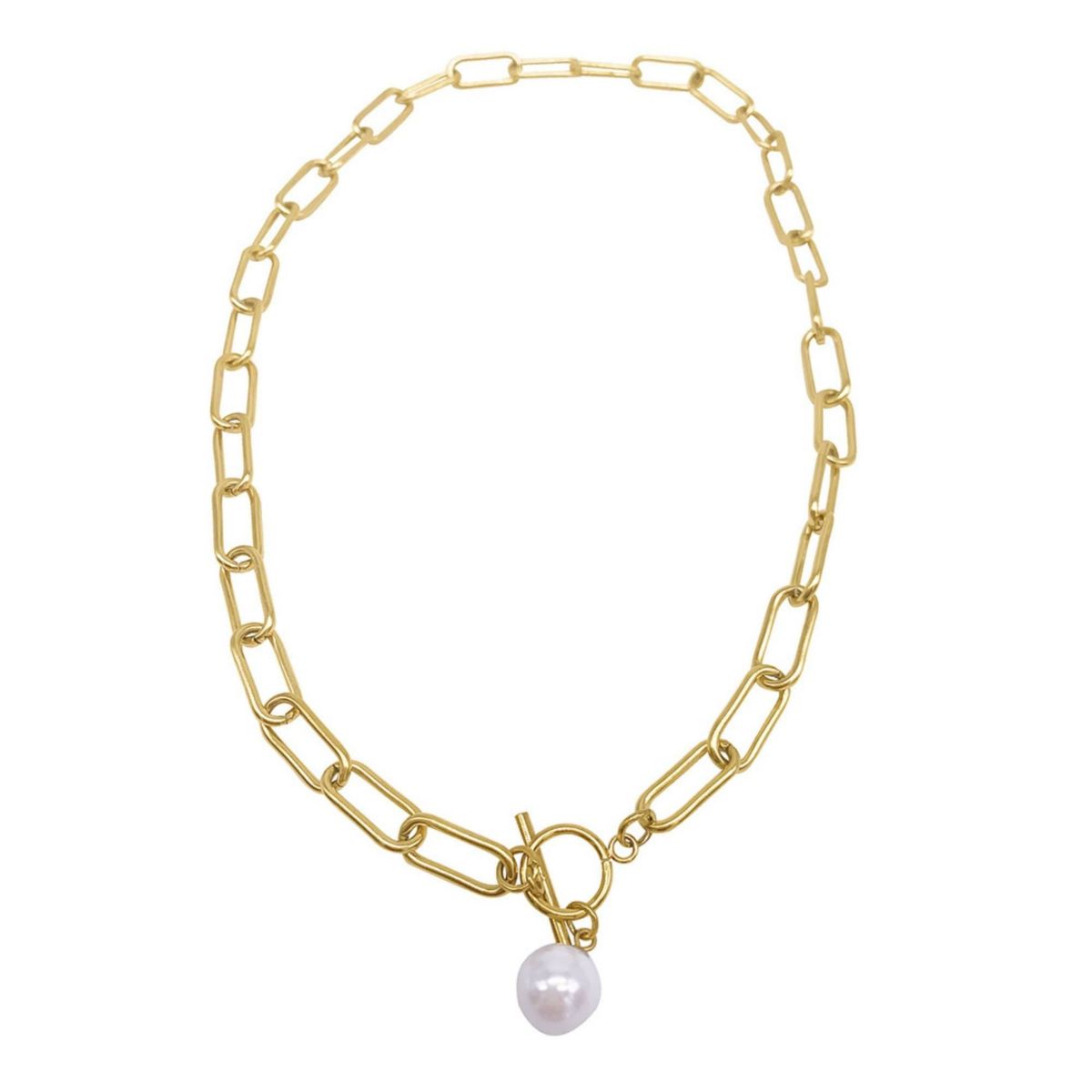 Tarnish Resistant PaperClip Toggle Necklace with Freshwater Pearl