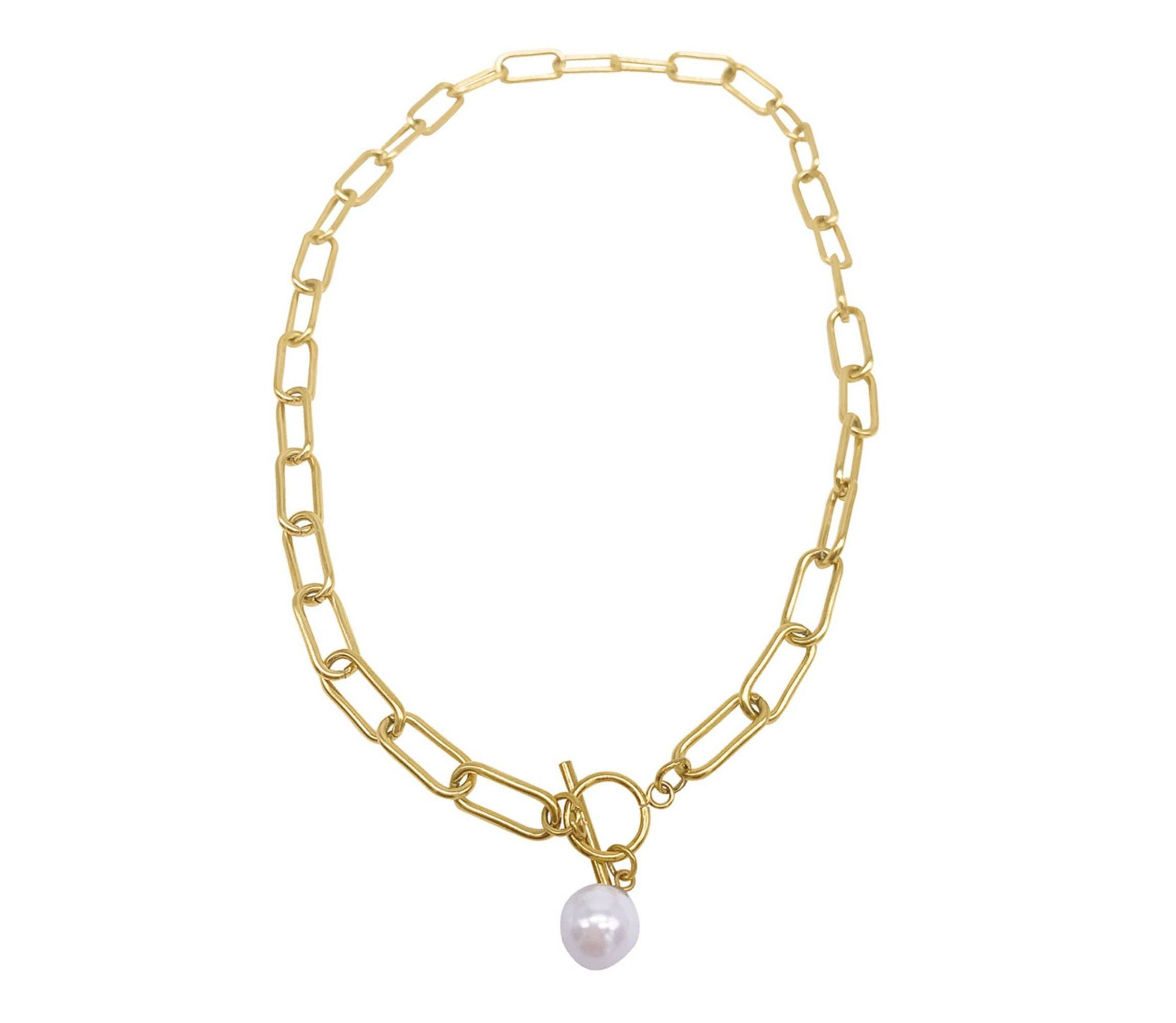 Tarnish Resistant PaperClip Toggle Necklace with Freshwater Pearl