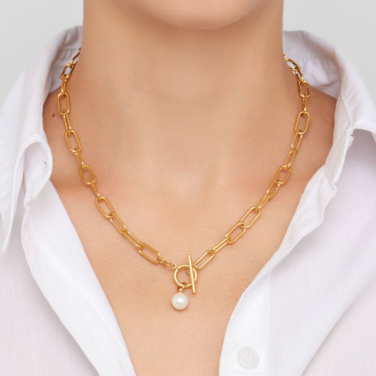 Tarnish Resistant PaperClip Toggle Necklace with Freshwater Pearl