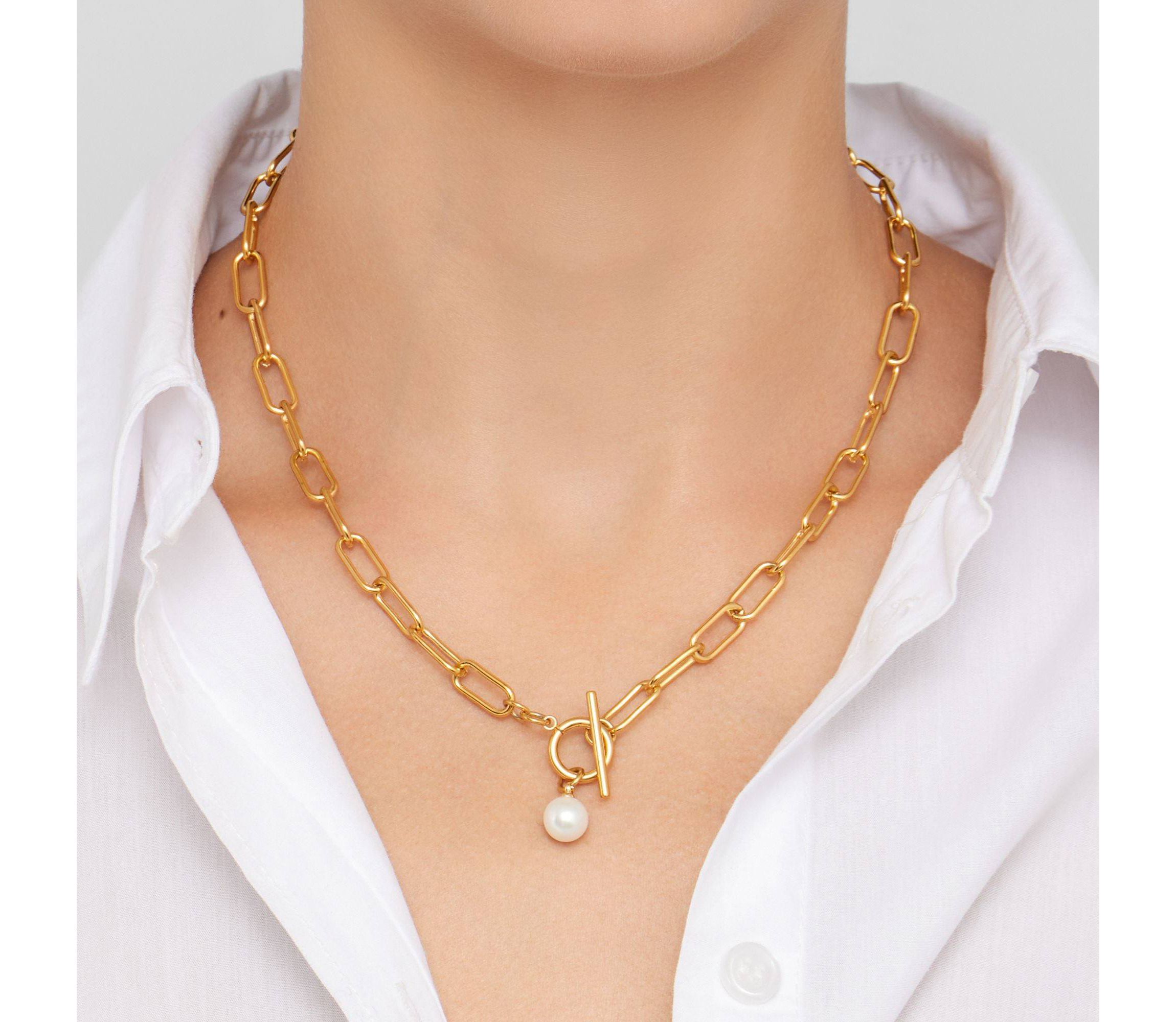 Tarnish Resistant PaperClip Toggle Necklace with Freshwater Pearl