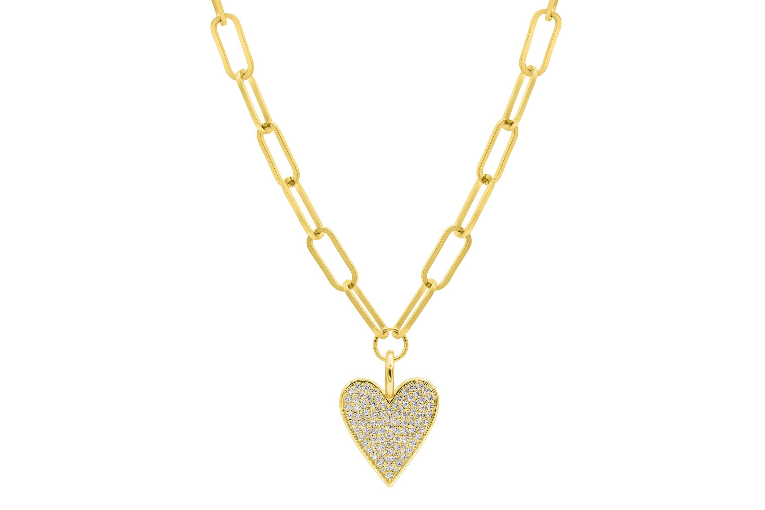 14k Gold Plated Adjustable Chunky Paperclip Link Pave Heart Necklace