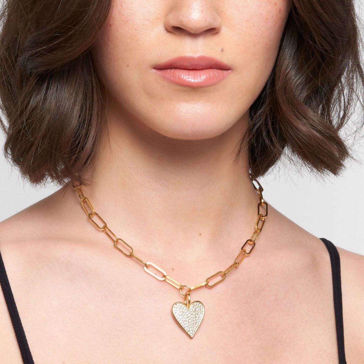 14k Gold Plated Adjustable Chunky Paperclip Link Pave Heart Necklace