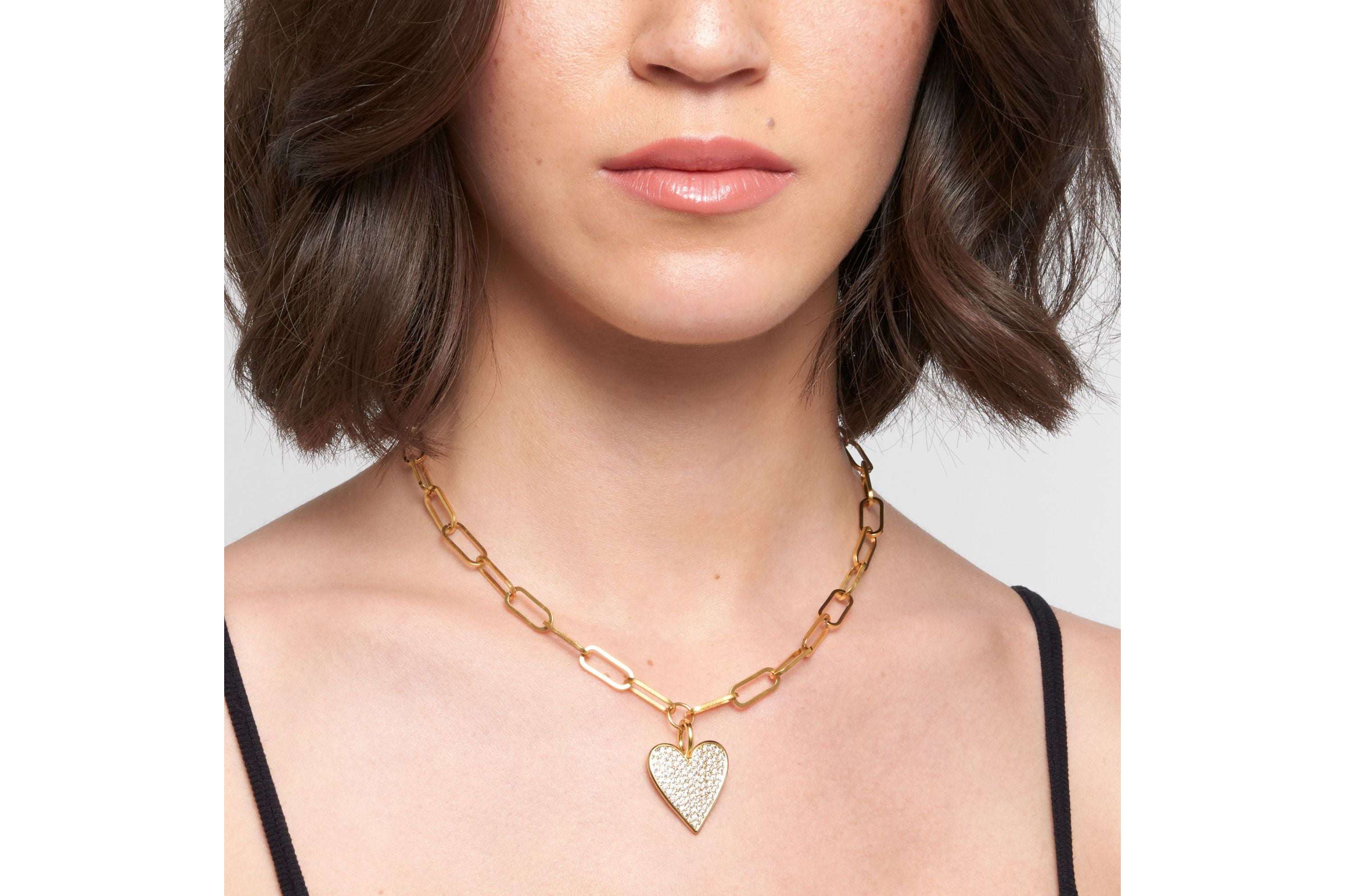 14k Gold Plated Adjustable Chunky Paperclip Link Pave Heart Necklace