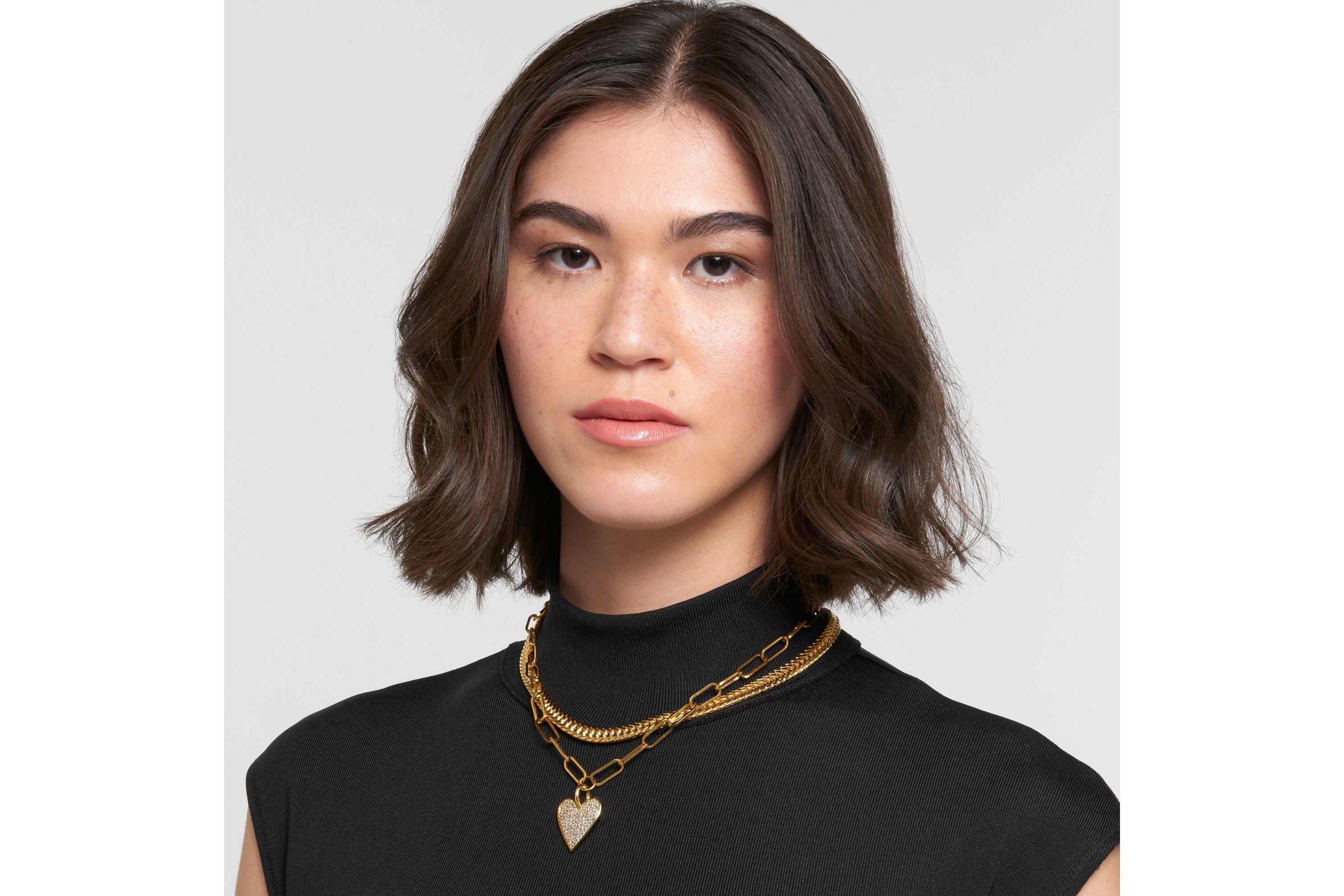 14k Gold Plated Adjustable Chunky Paperclip Link Pave Heart Necklace