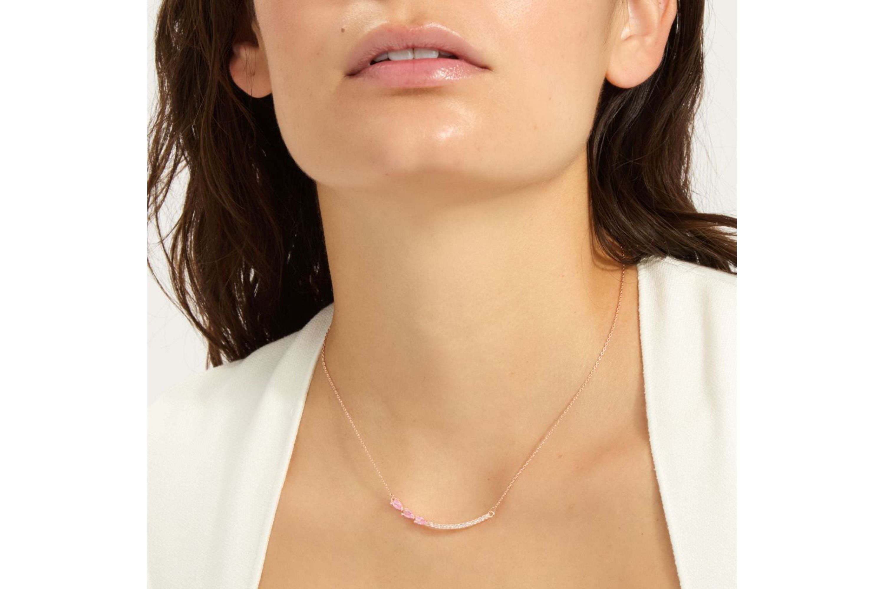 14k Rose Gold Plated Curved Bar Clear Pear Necklace