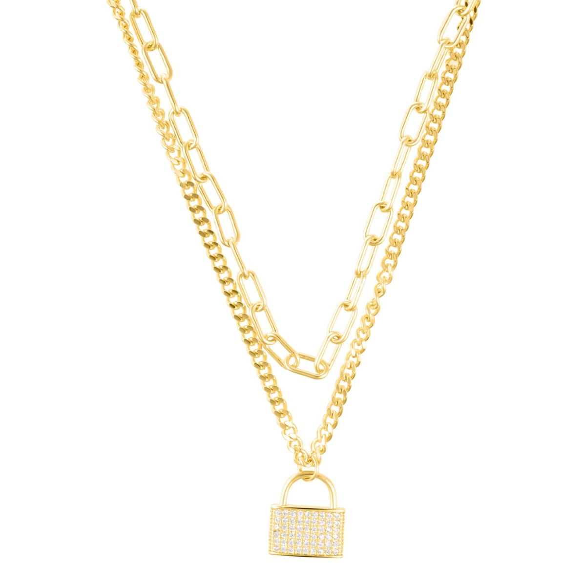 14k Gold Plated Adjustable Layered Chain Crystal Lock Necklace