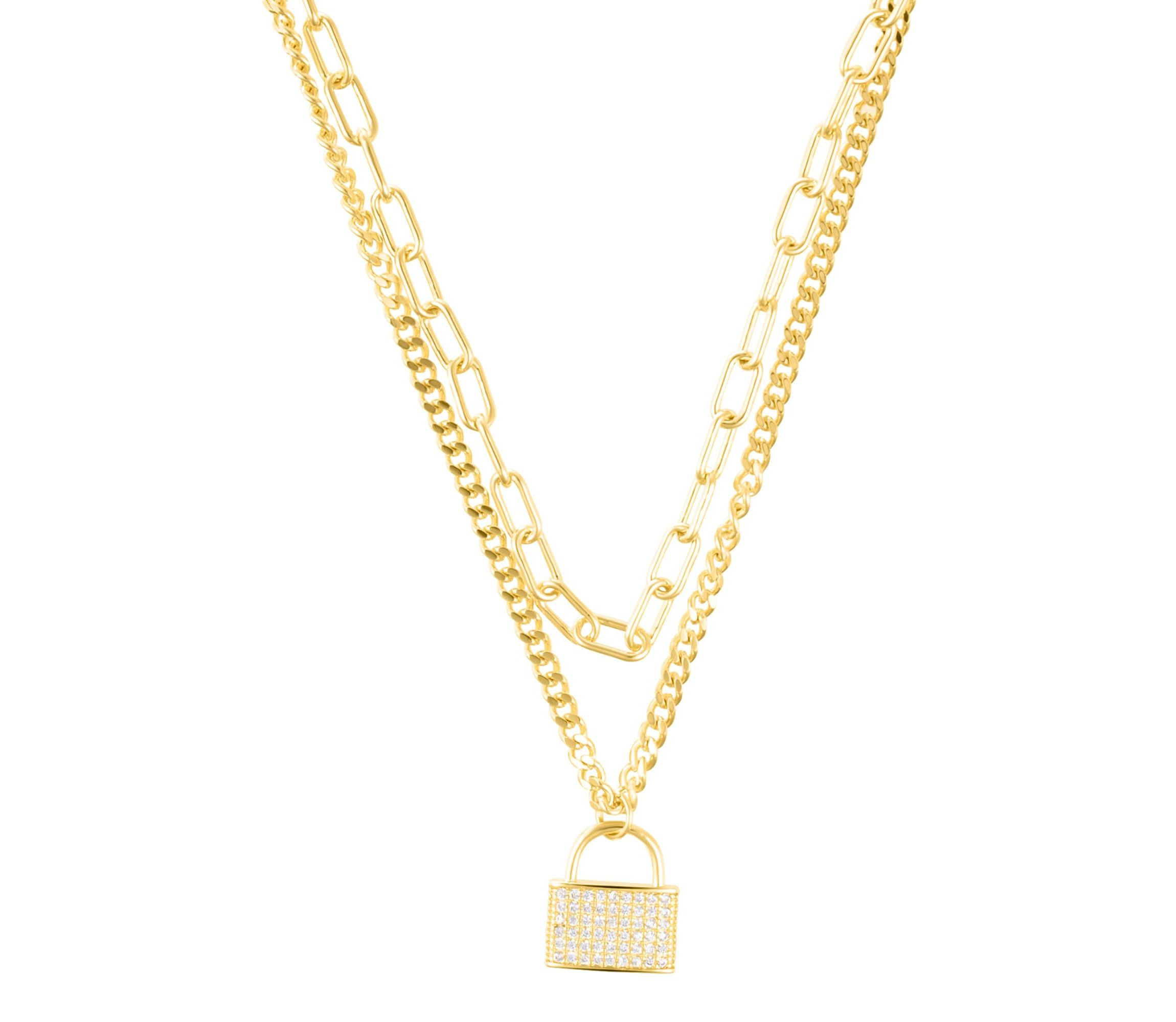 14k Gold Plated Adjustable Layered Chain Crystal Lock Necklace