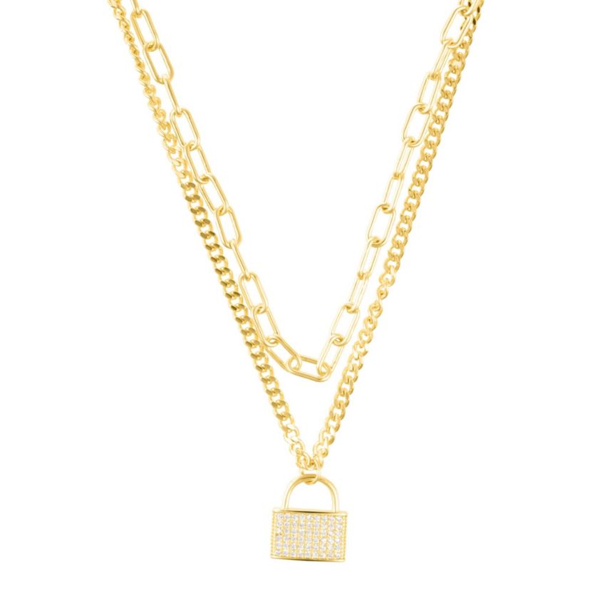 14k Gold Plated Adjustable Layered Chain Crystal Lock Necklace