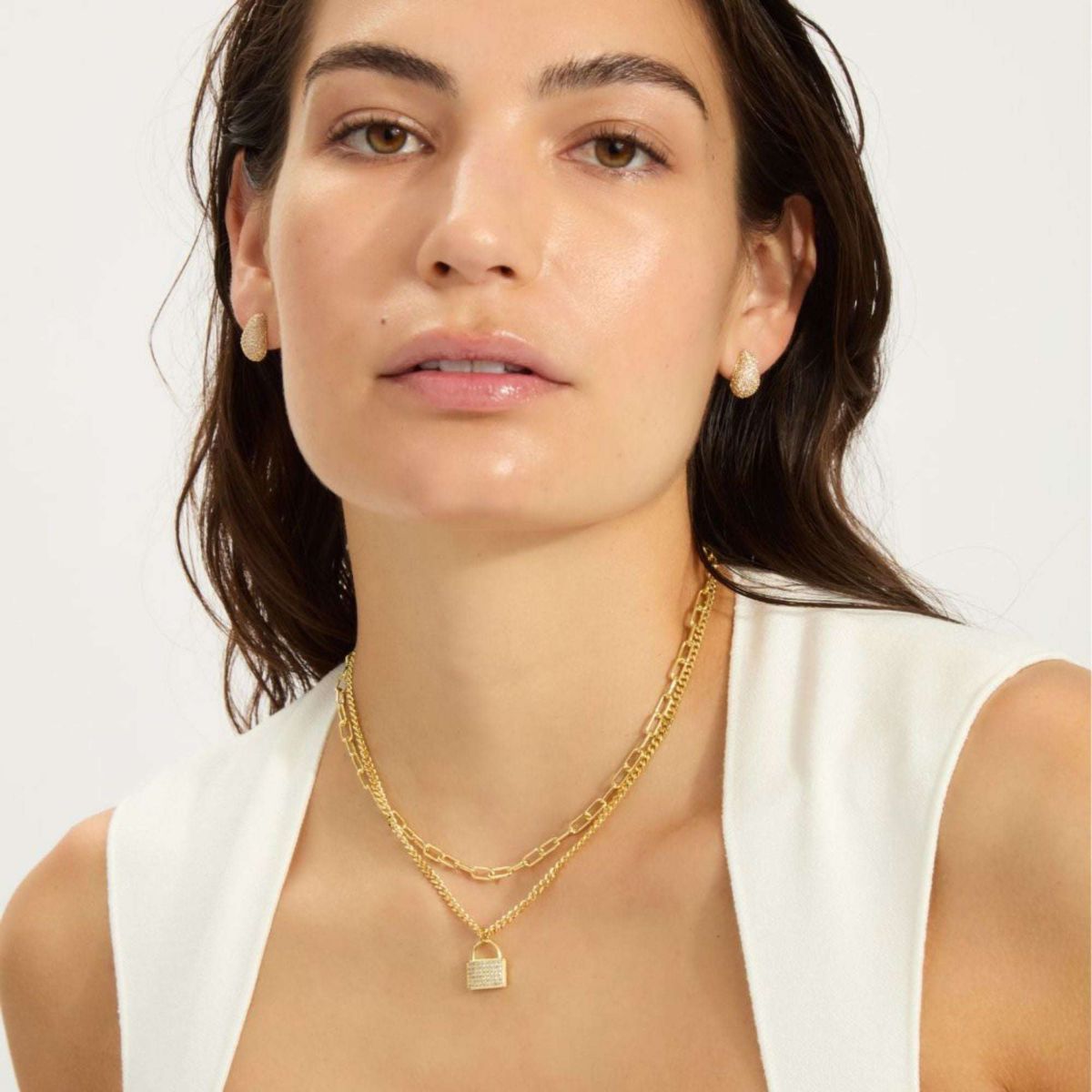 14k Gold Plated Adjustable Layered Chain Crystal Lock Necklace