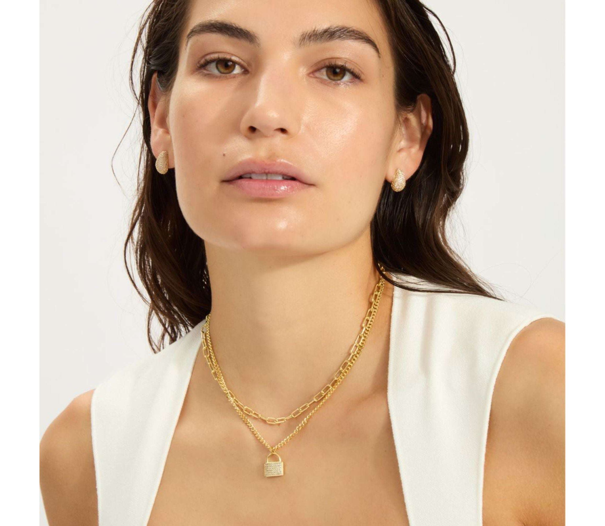 14k Gold Plated Adjustable Layered Chain Crystal Lock Necklace