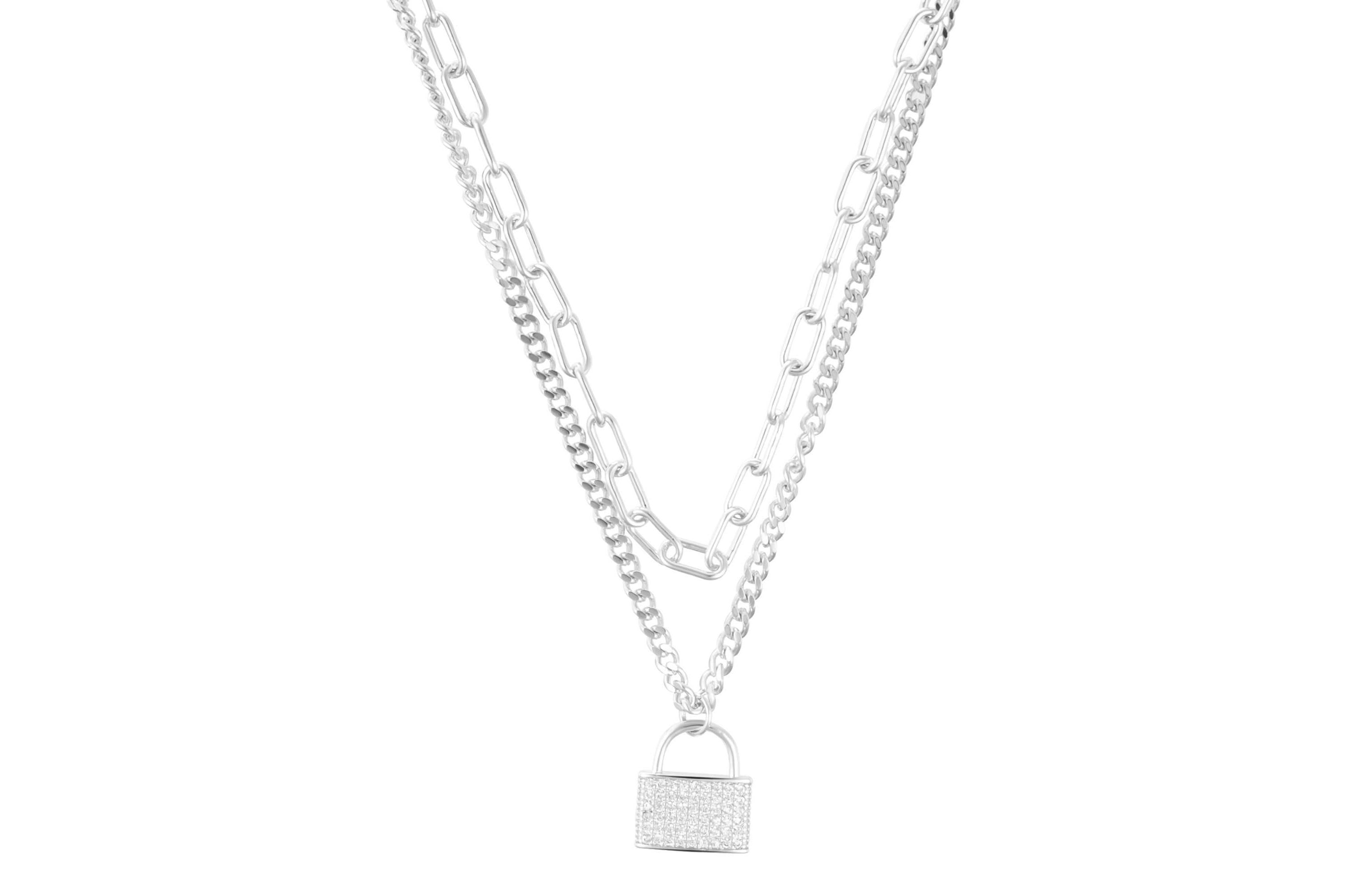 Sterling Silver Plated Adjustable Layered Chain Crystal Lock Necklace