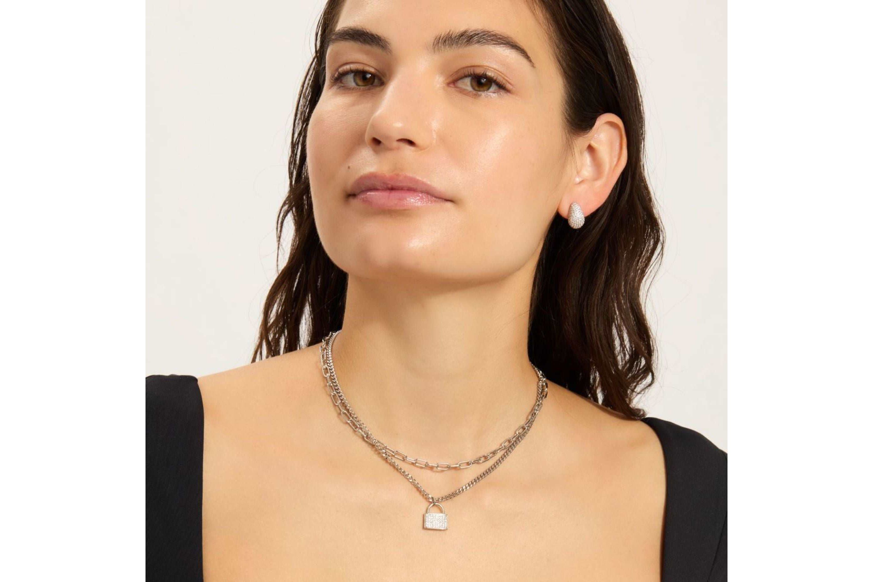 Sterling Silver Plated Adjustable Layered Chain Crystal Lock Necklace