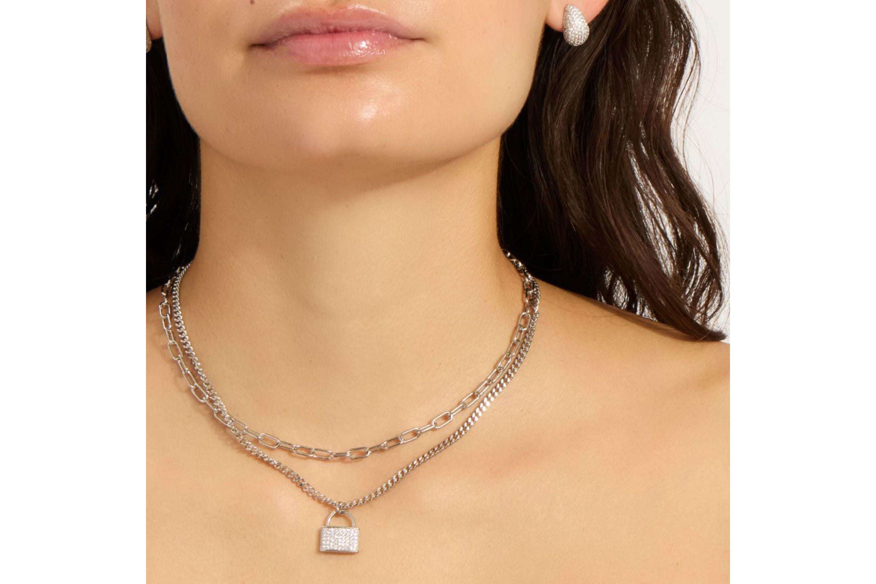 Sterling Silver Plated Adjustable Layered Chain Crystal Lock Necklace