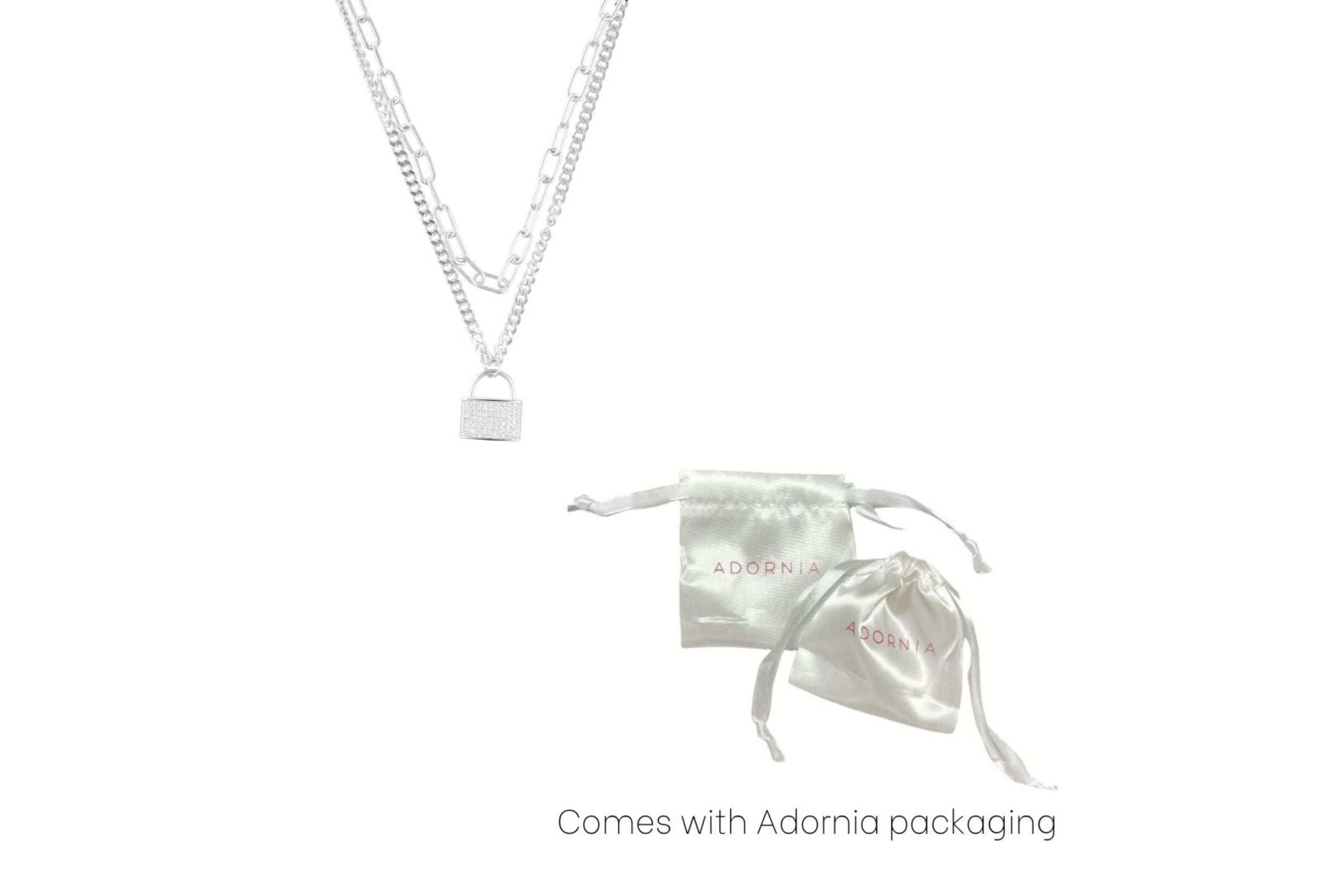 Sterling Silver Plated Adjustable Layered Chain Crystal Lock Necklace