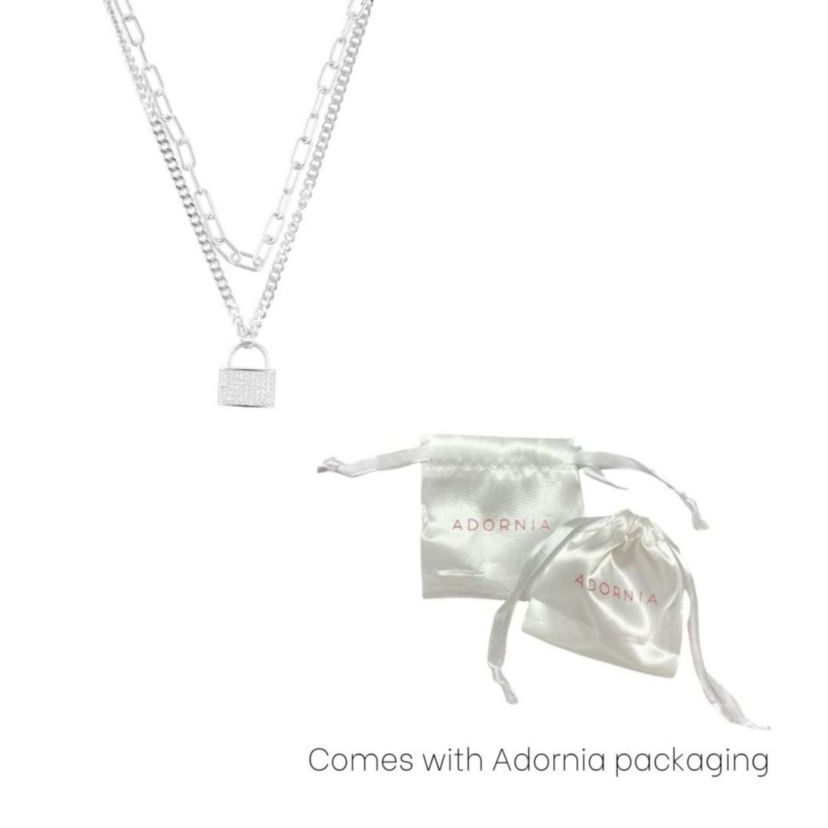 Sterling Silver Plated Adjustable Layered Chain Crystal Lock Necklace