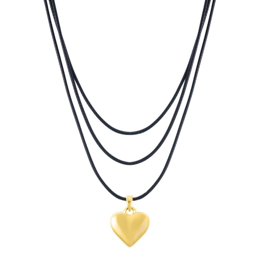 14k Gold Plated Adjustable Puffy Heart with Black Chord Bolo Necklace
