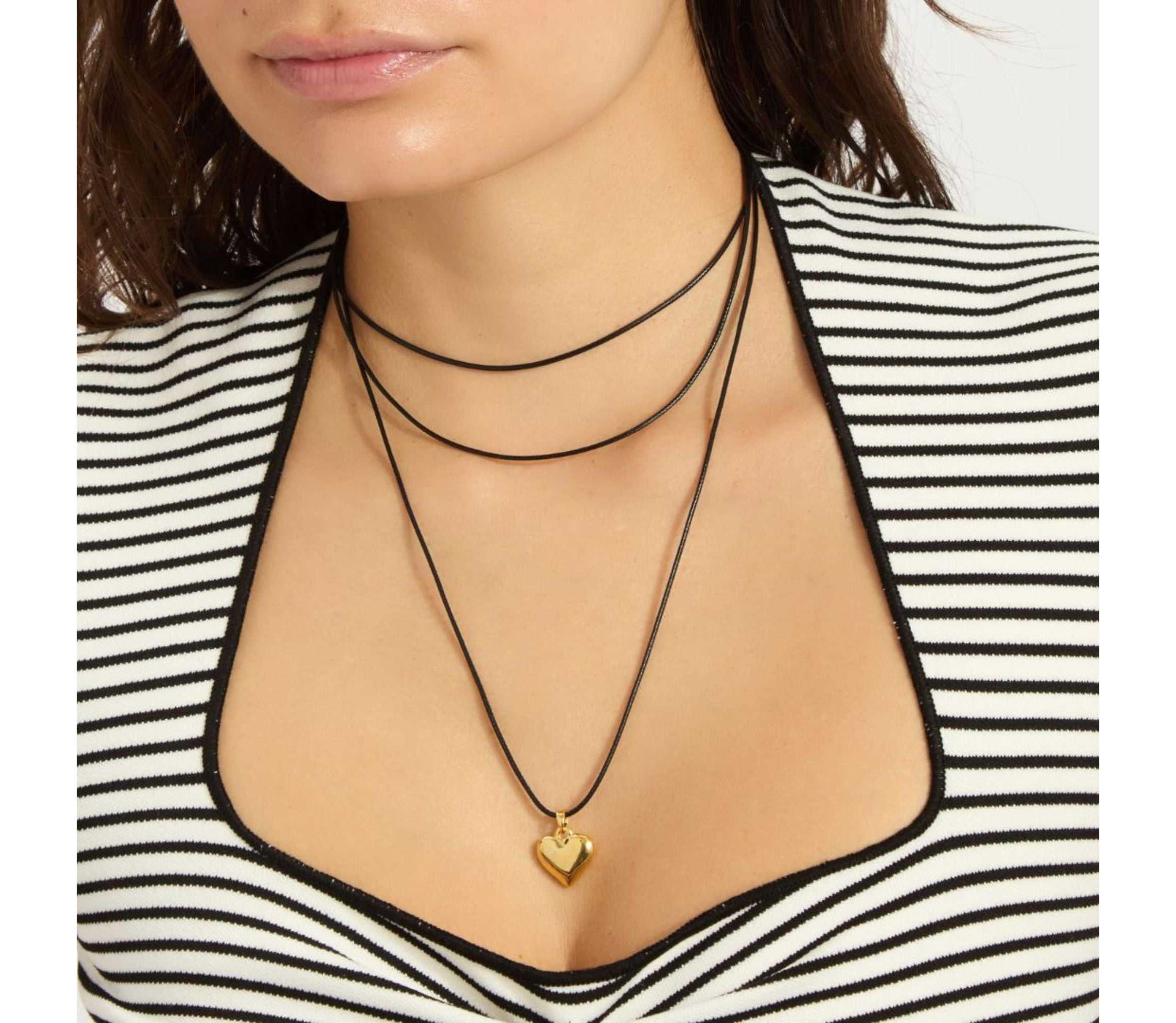 14k Gold Plated Adjustable Puffy Heart with Black Chord Bolo Necklace
