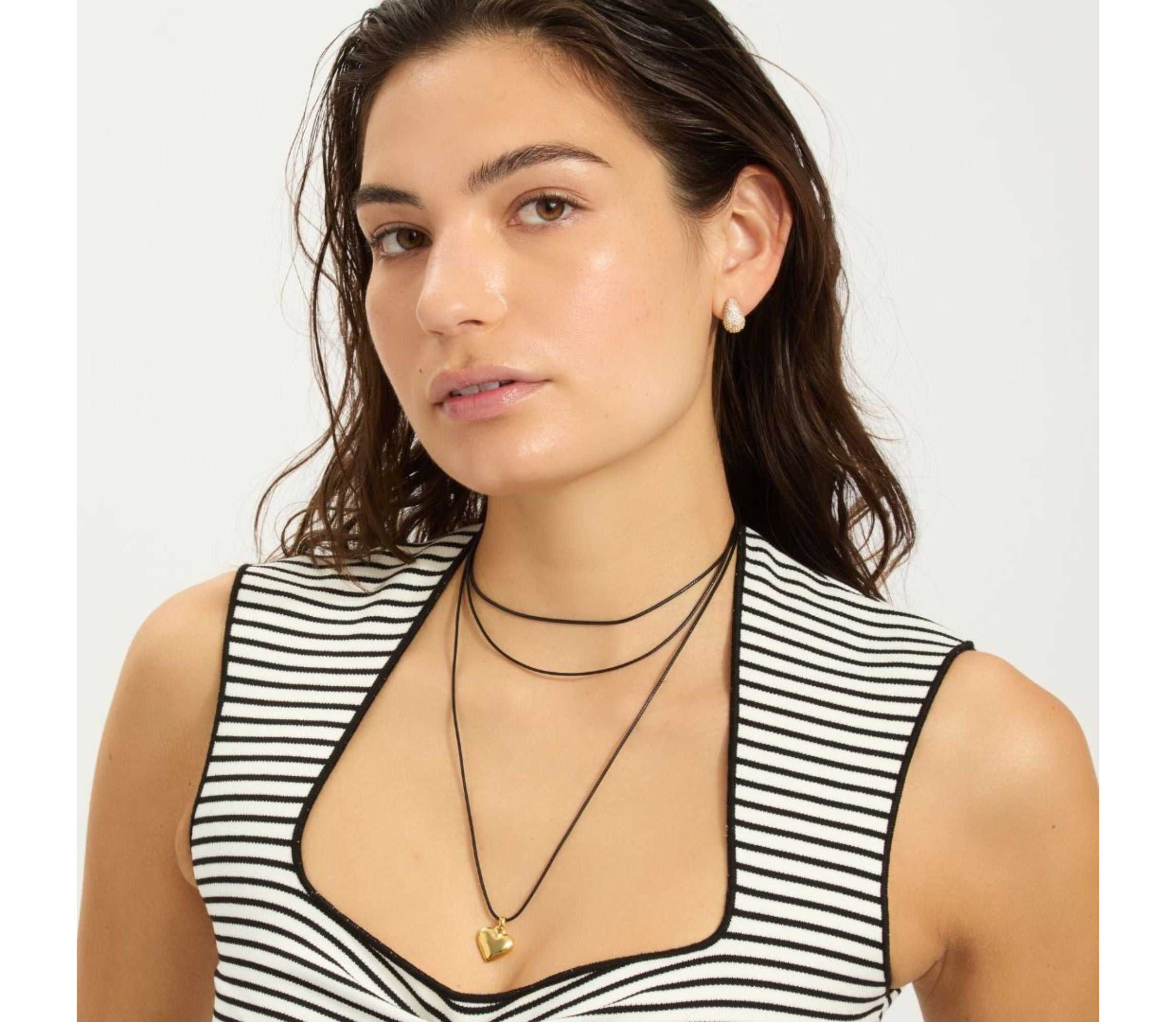 14k Gold Plated Adjustable Puffy Heart with Black Chord Bolo Necklace