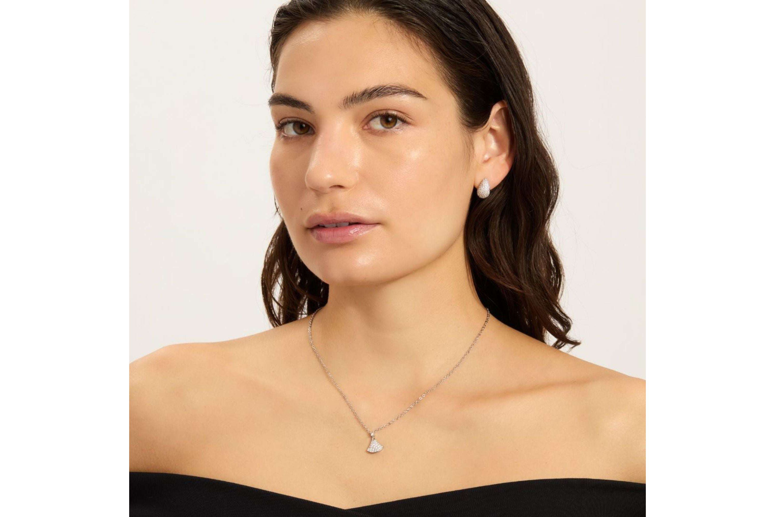 Sterling Silver Plated Pave CZ Leaf Pendant Necklace