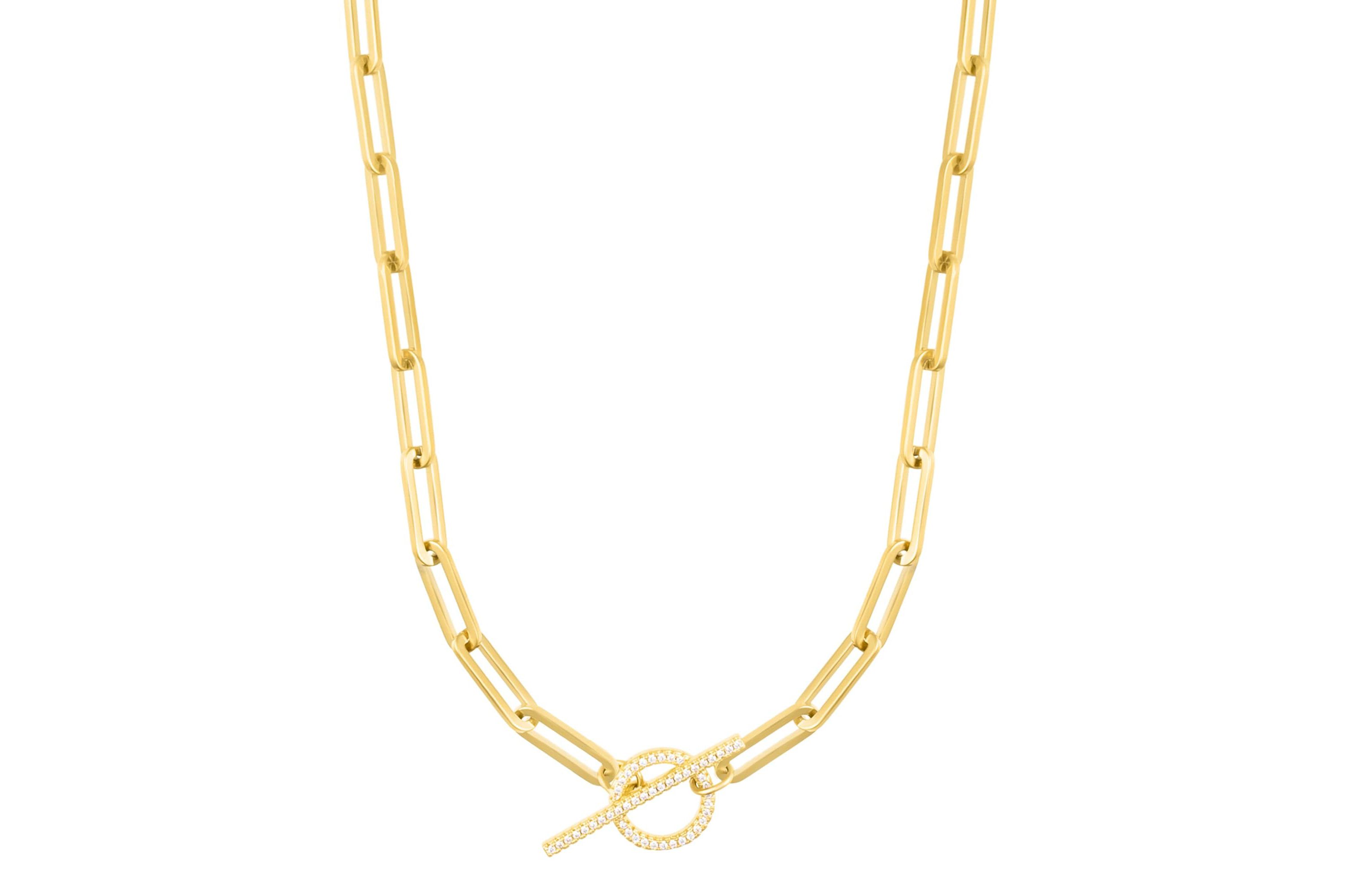14k Gold Plated Paperclip CZ Toggle Necklace
