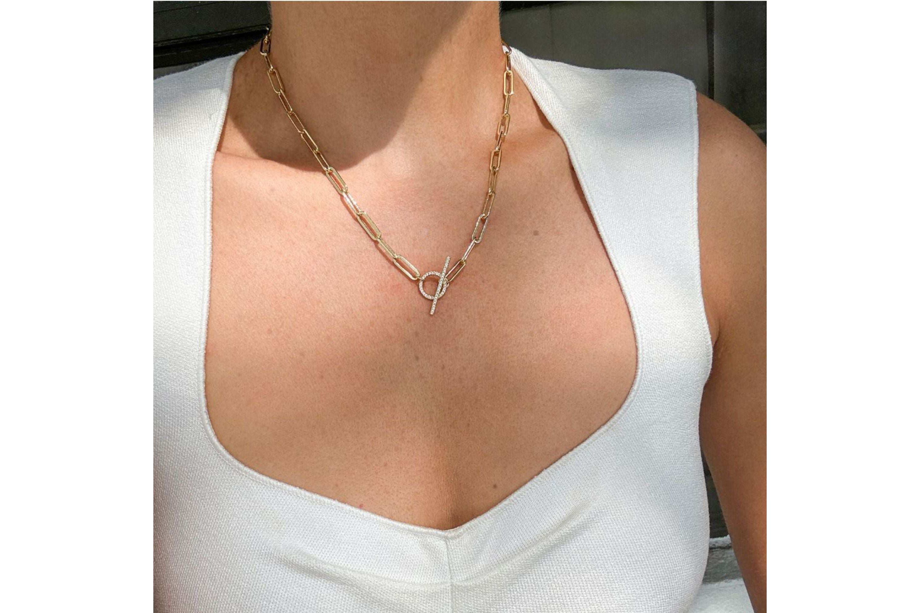 14k Gold Plated Paperclip CZ Toggle Necklace