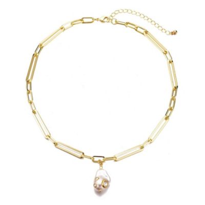 Adornia 14k Gold Plated Paper Clip Chain with Crystal-Decorated Pearl Drop Necklace