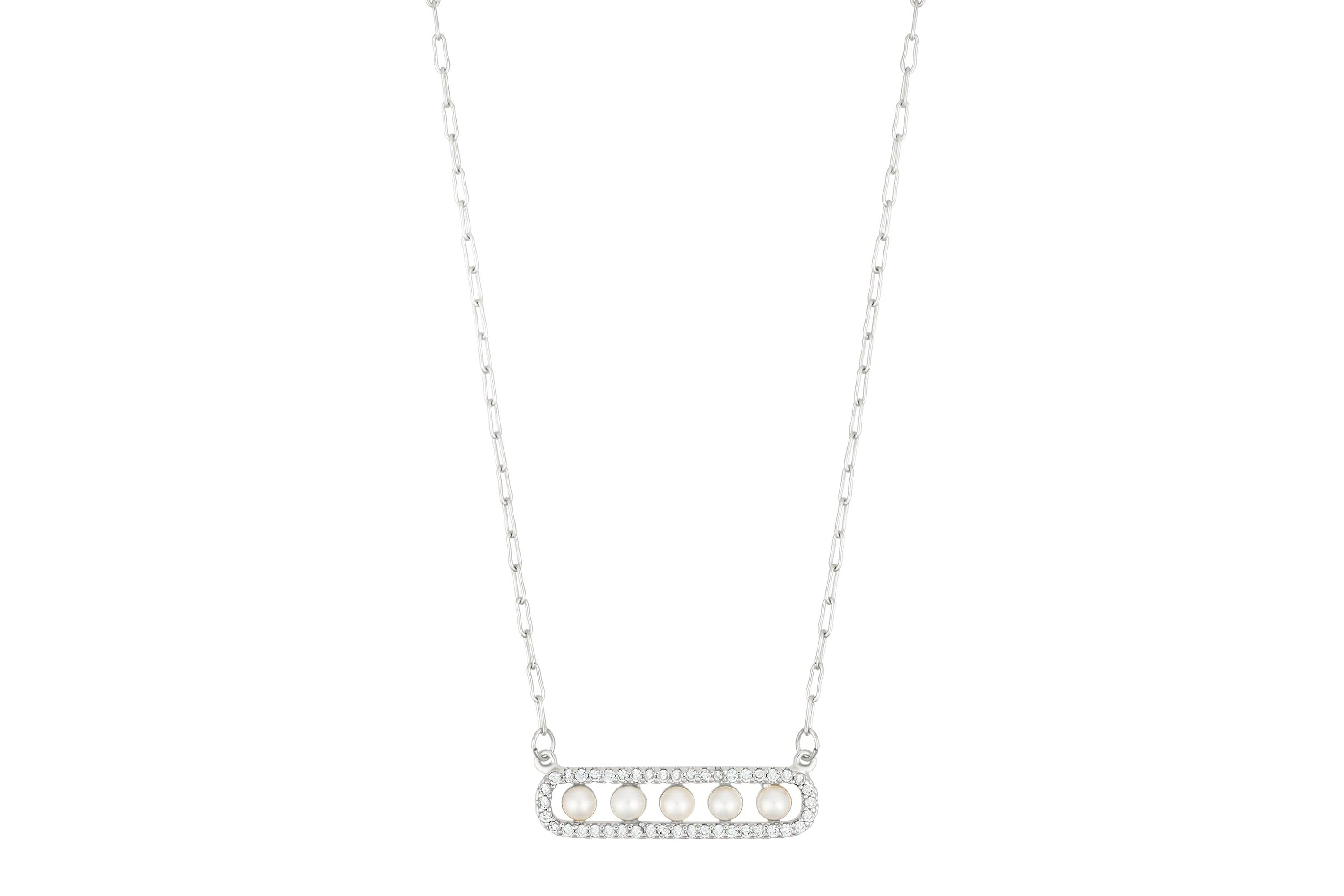 Silver Plated Pearl Pave Bar Necklace