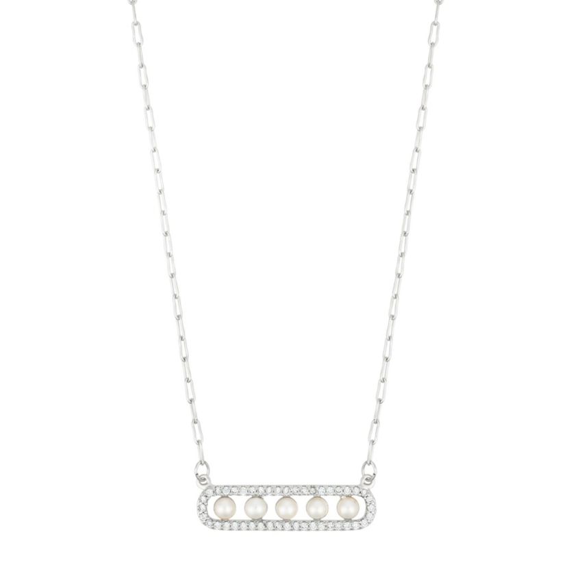 Silver Plated Pearl Pave Bar Necklace