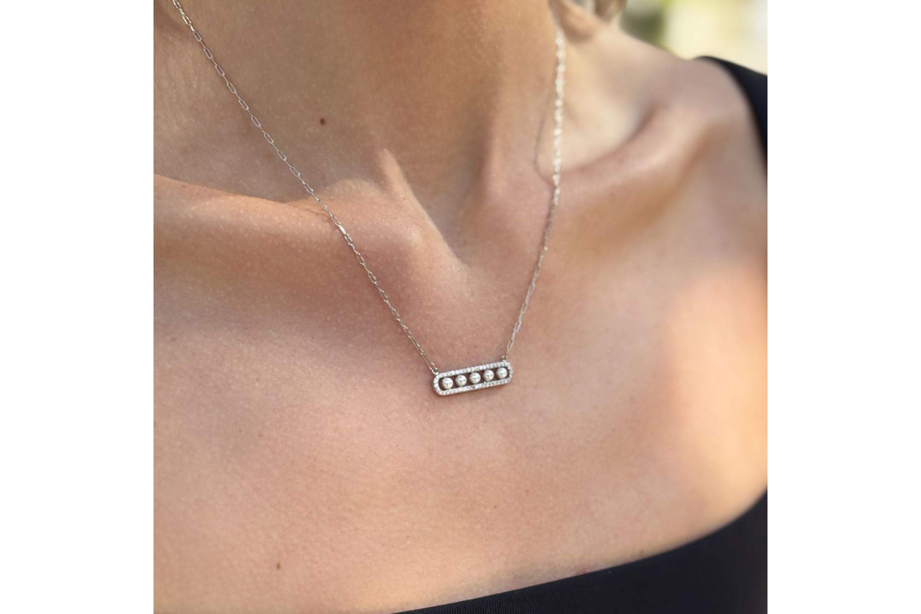 Silver Plated Pearl Pave Bar Necklace