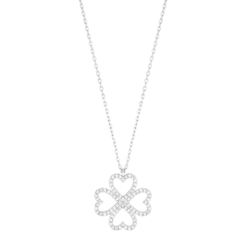 Silver Plated Heart-Shaped Pave Clover Necklace