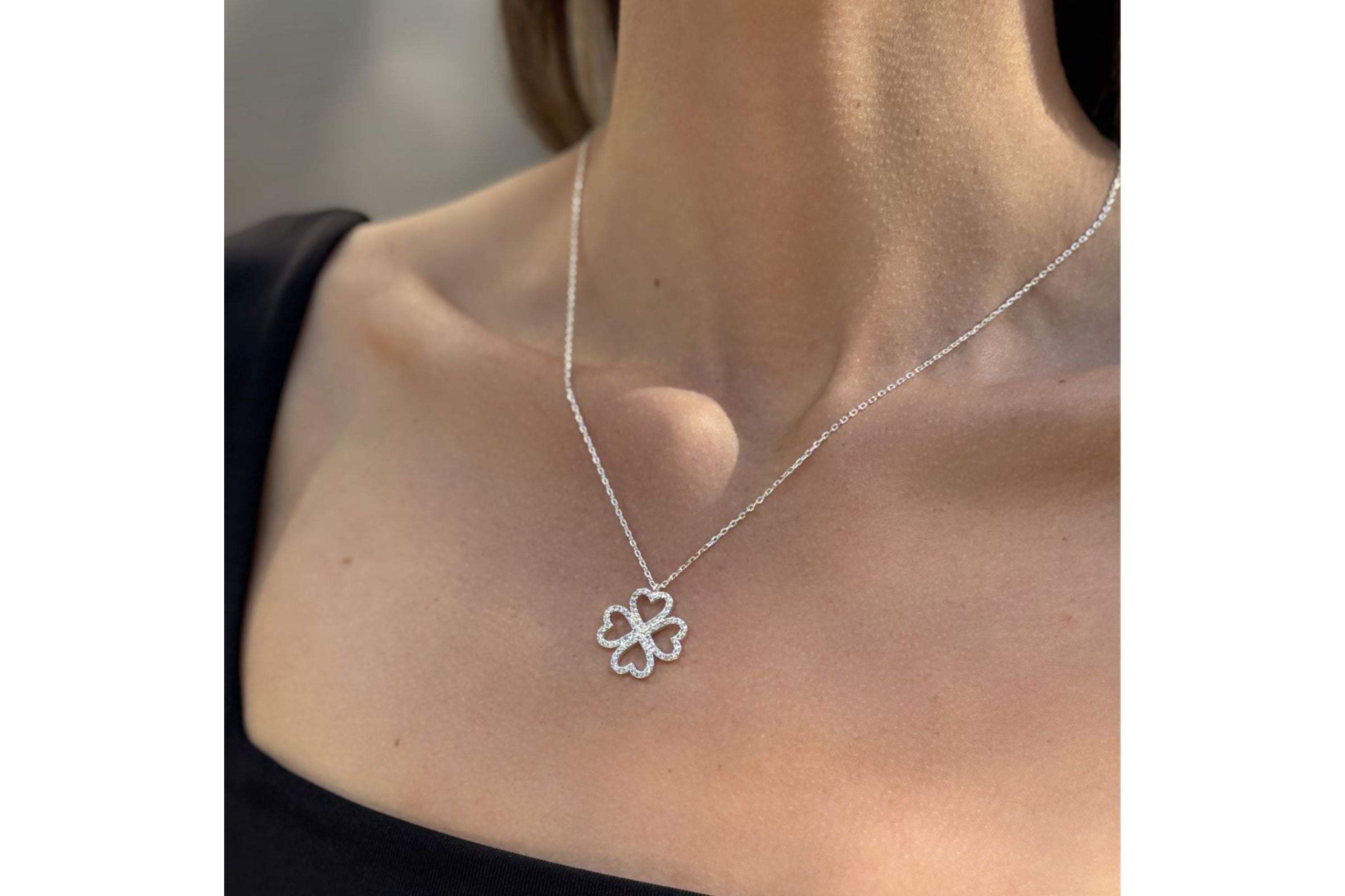 Silver Plated Heart-Shaped Pave Clover Necklace