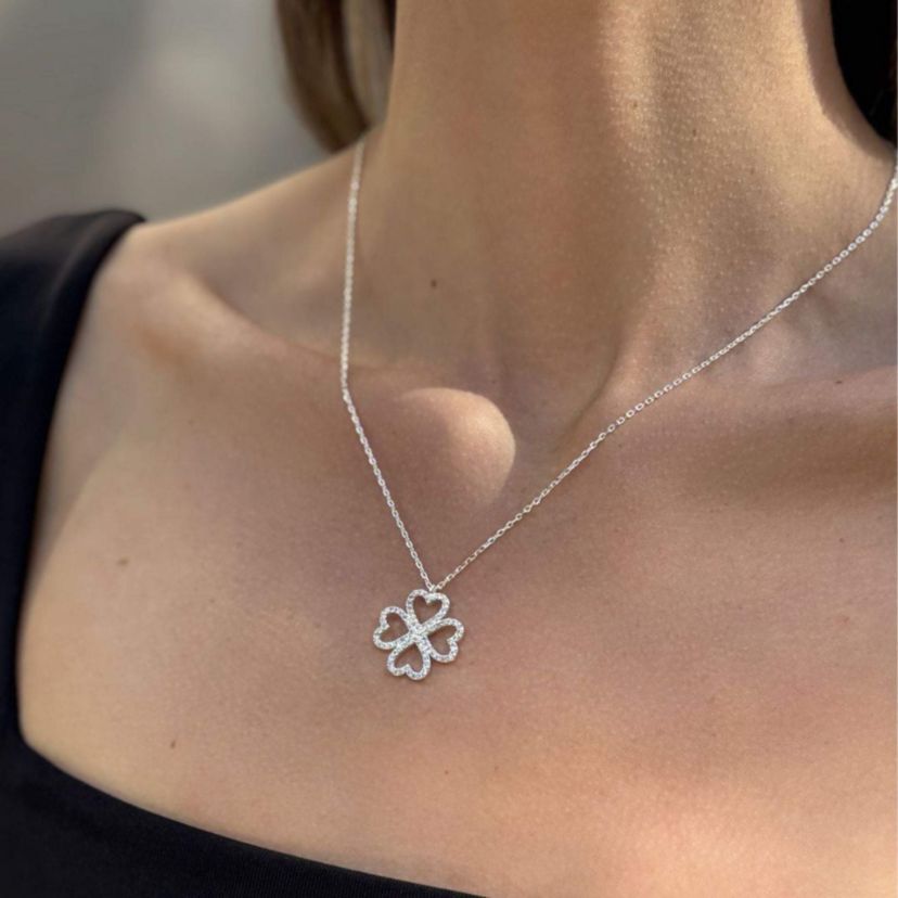 Silver Plated Heart-Shaped Pave Clover Necklace
