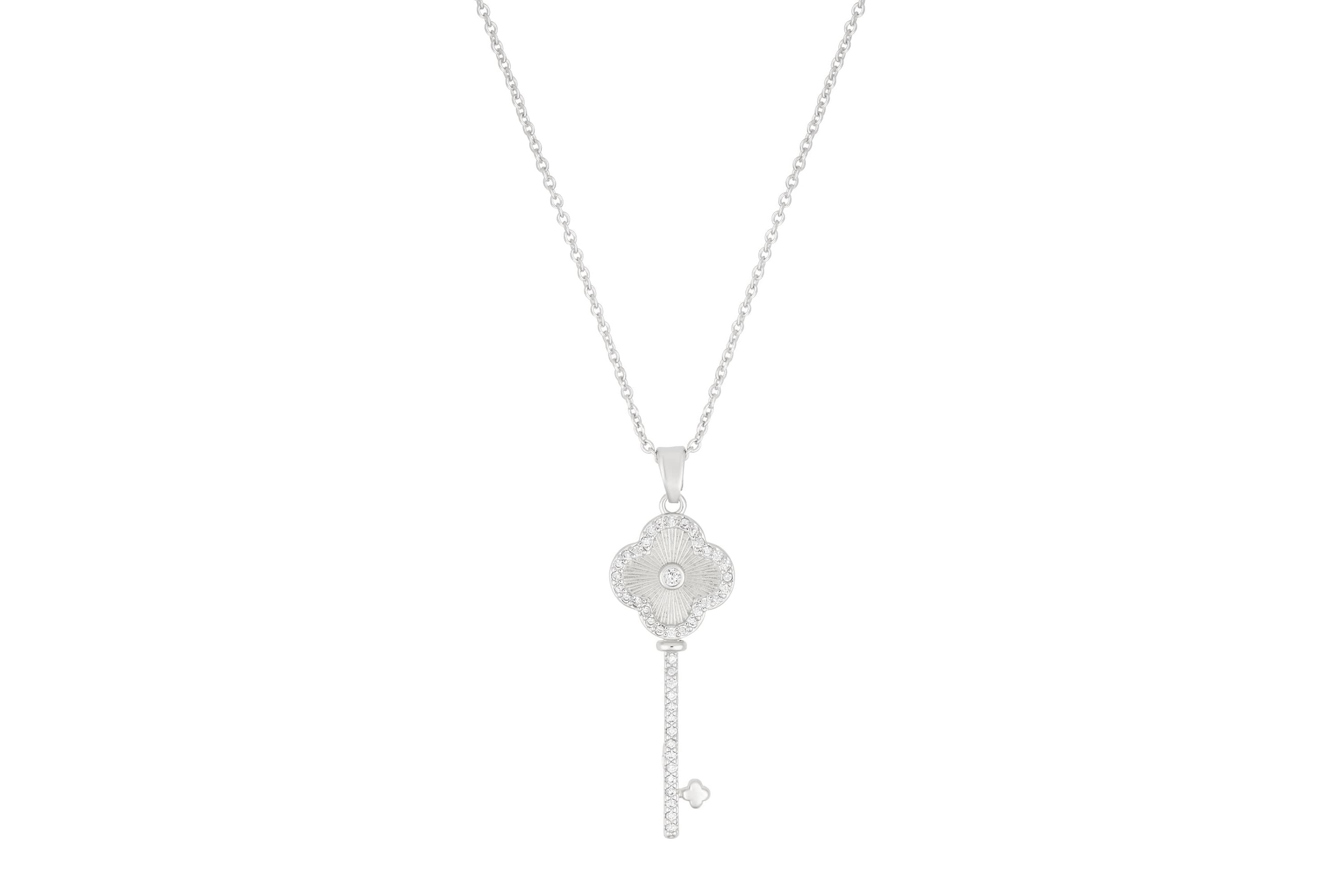 Silver Plated Pave Clover Key Pendant Necklace