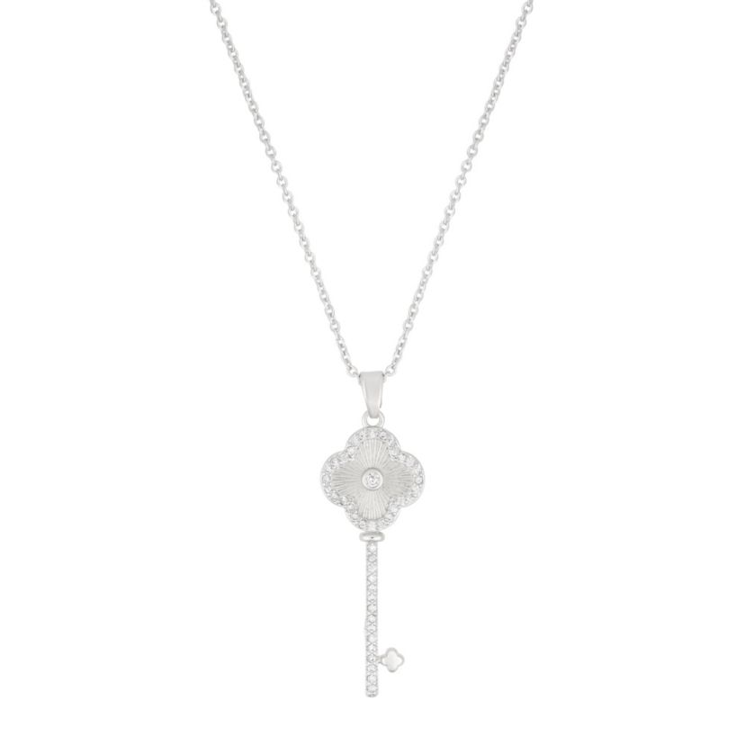 Silver Plated Pave Clover Key Pendant Necklace