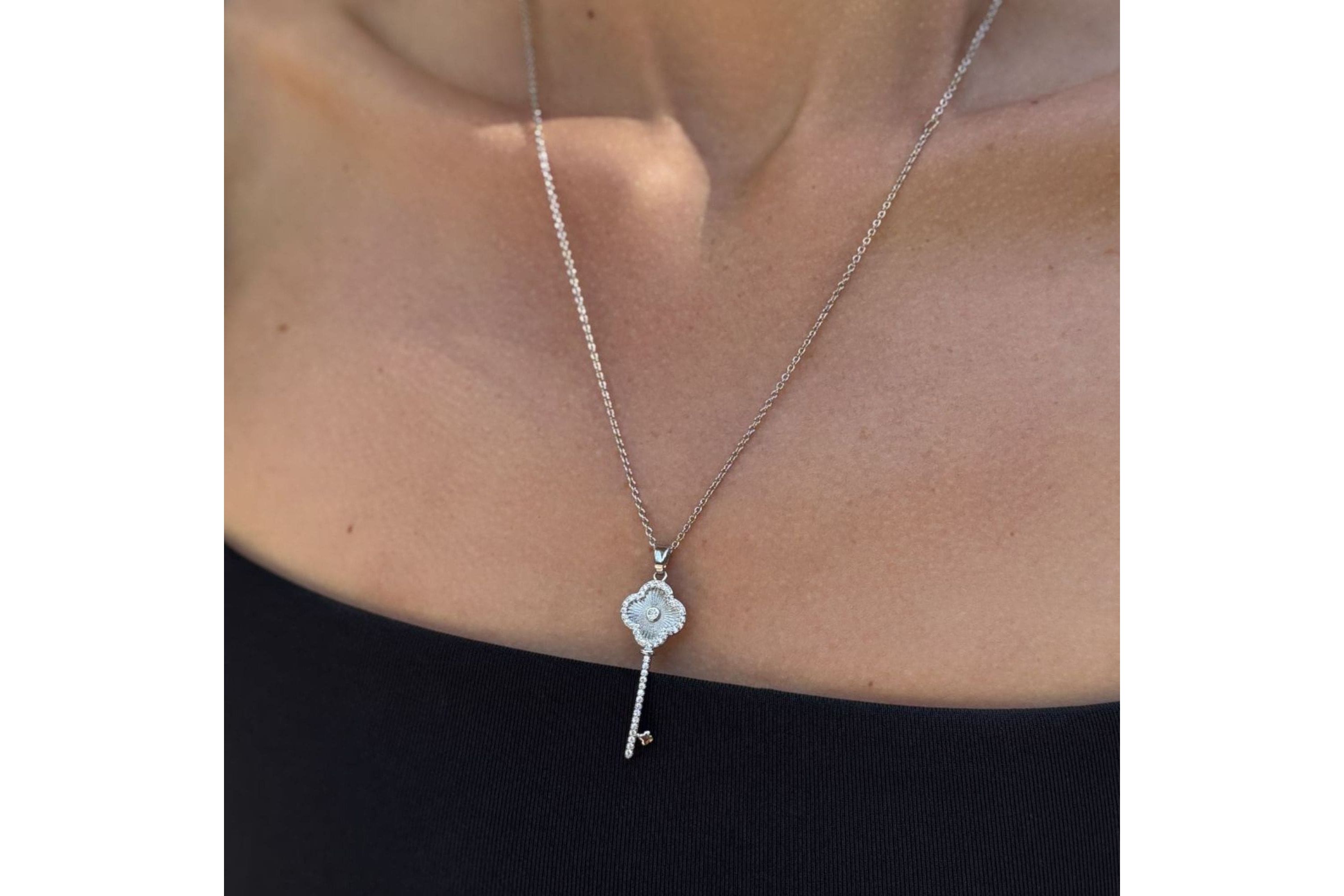 Silver Plated Pave Clover Key Pendant Necklace