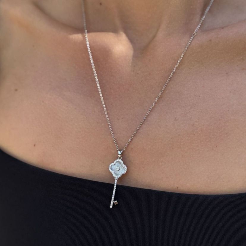 Silver Plated Pave Clover Key Pendant Necklace