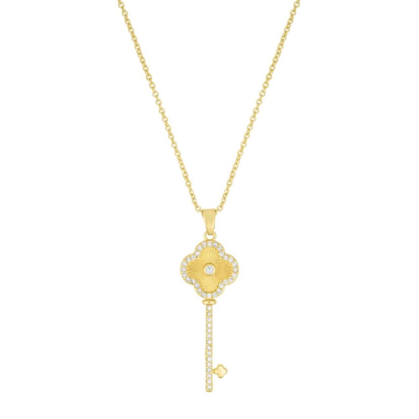 14k Gold Plated Pave Clover Key Pendant Necklace