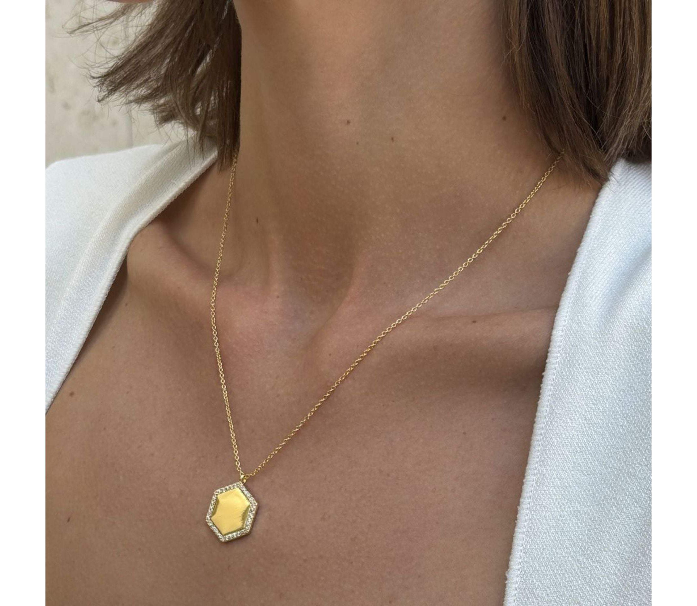 14k Gold Plated Pave Hexagon Pendant Necklace