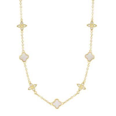 Adornia 14k Gold Plated Mixed Mother of Pearl and CZ Clover Station Necklace