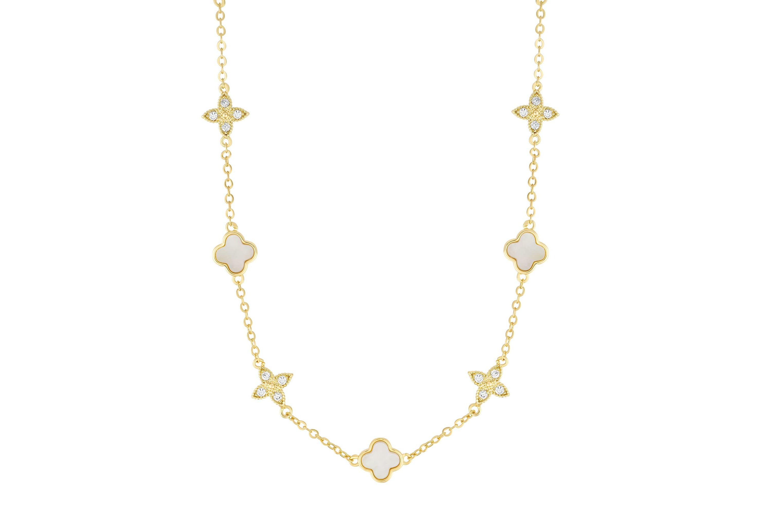14k Gold Plated Mixed Mother of Pearl and CZ Clover Station Necklace