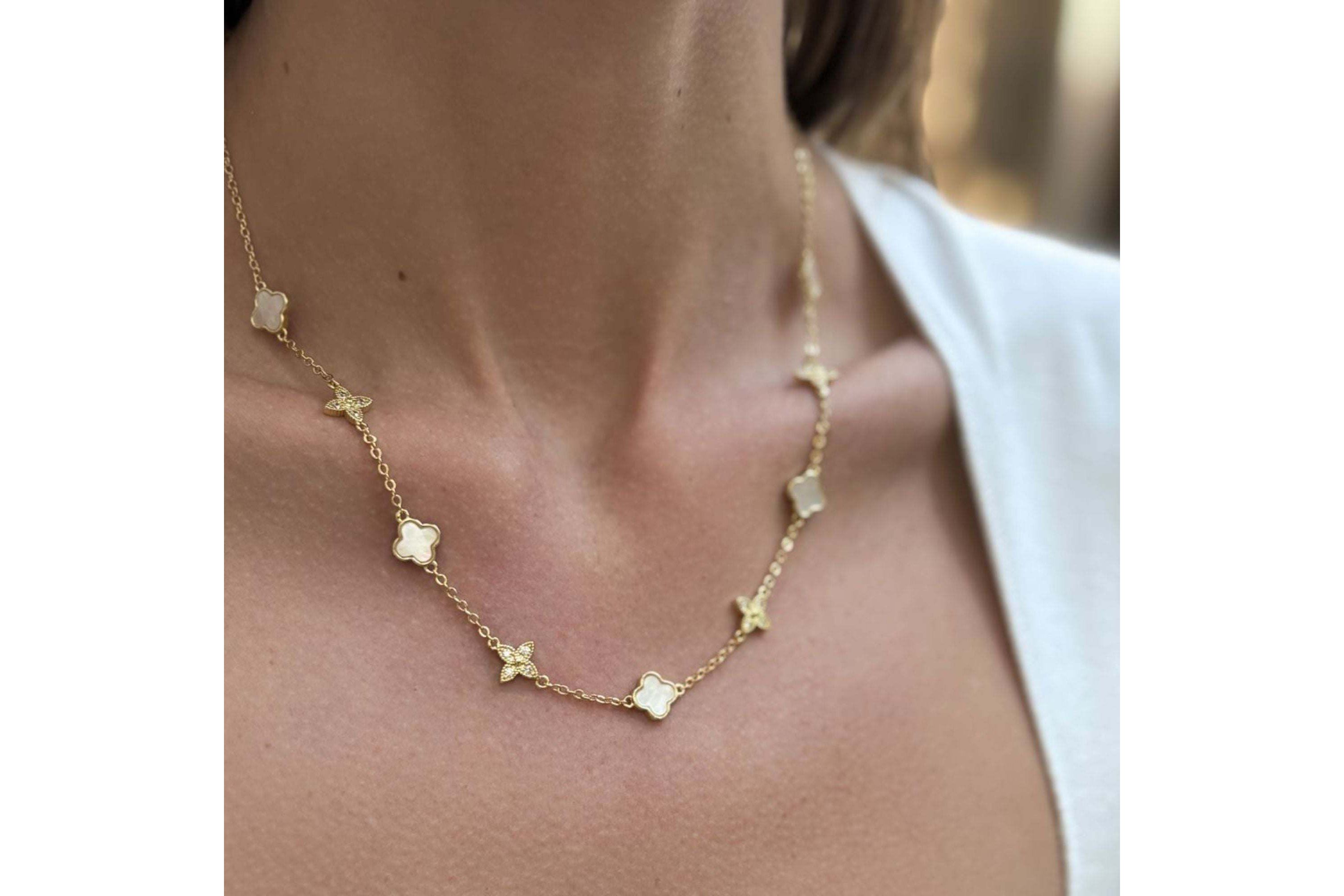 14k Gold Plated Mixed Mother of Pearl and CZ Clover Station Necklace