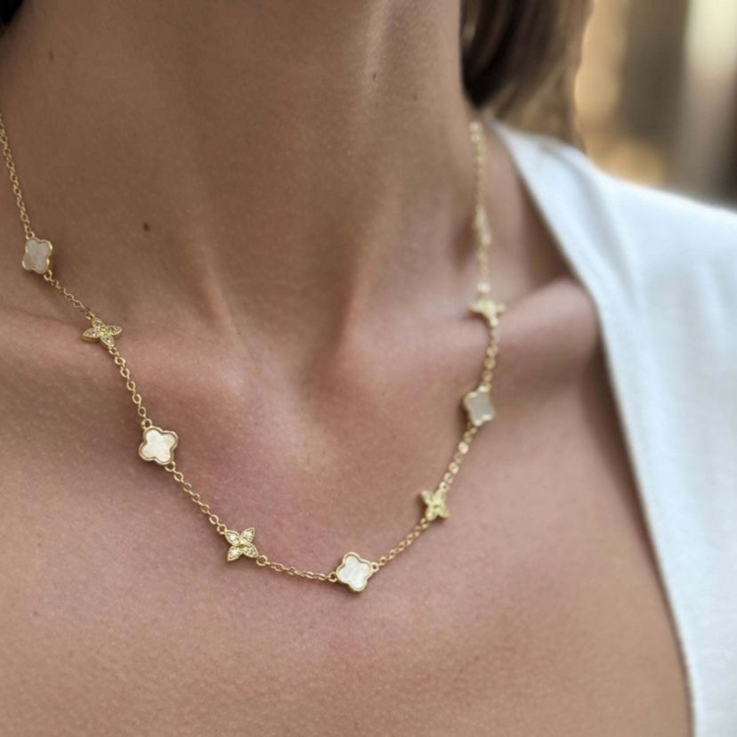 14k Gold Plated Mixed Mother of Pearl and CZ Clover Station Necklace
