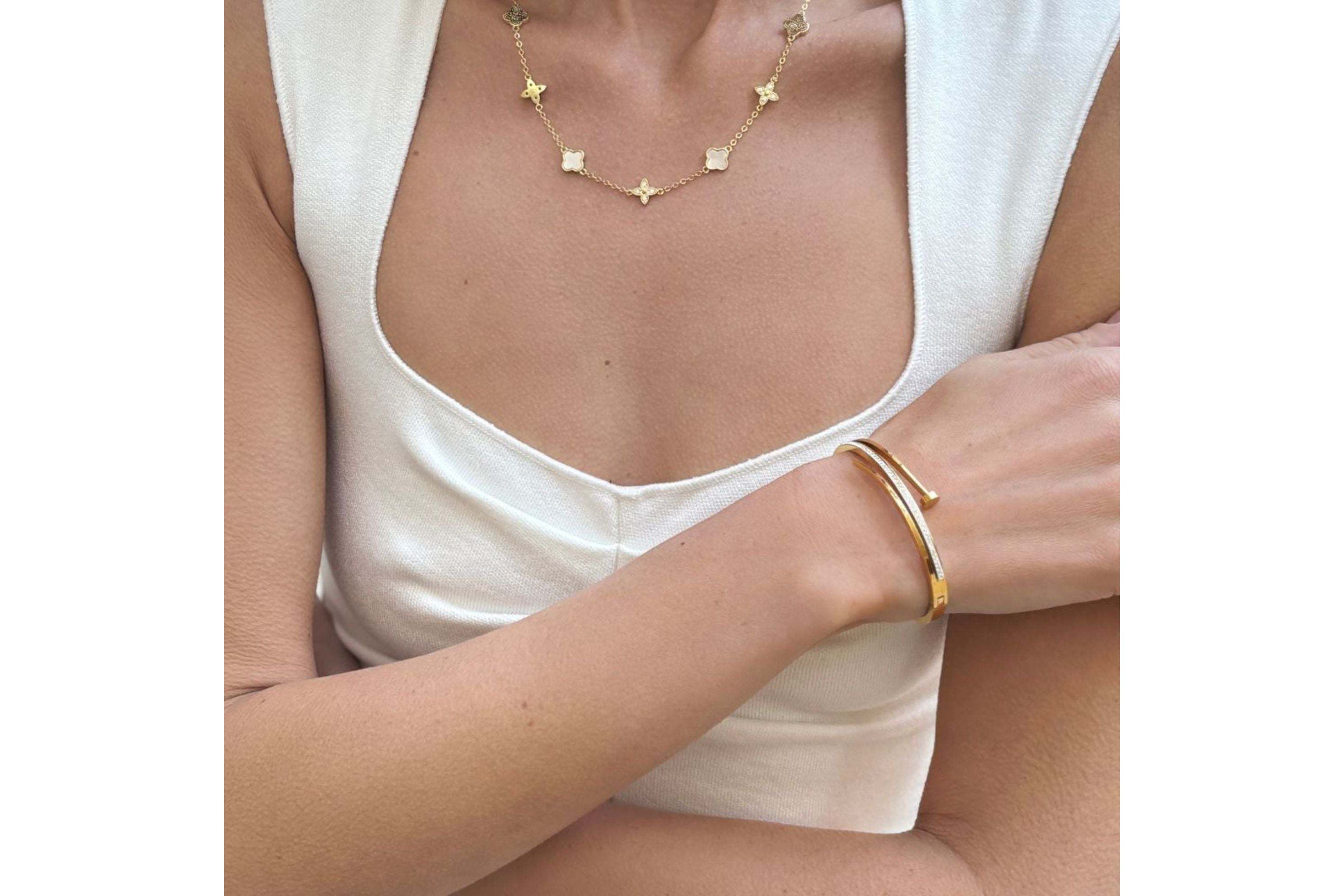 14k Gold Plated Mixed Mother of Pearl and CZ Clover Station Necklace