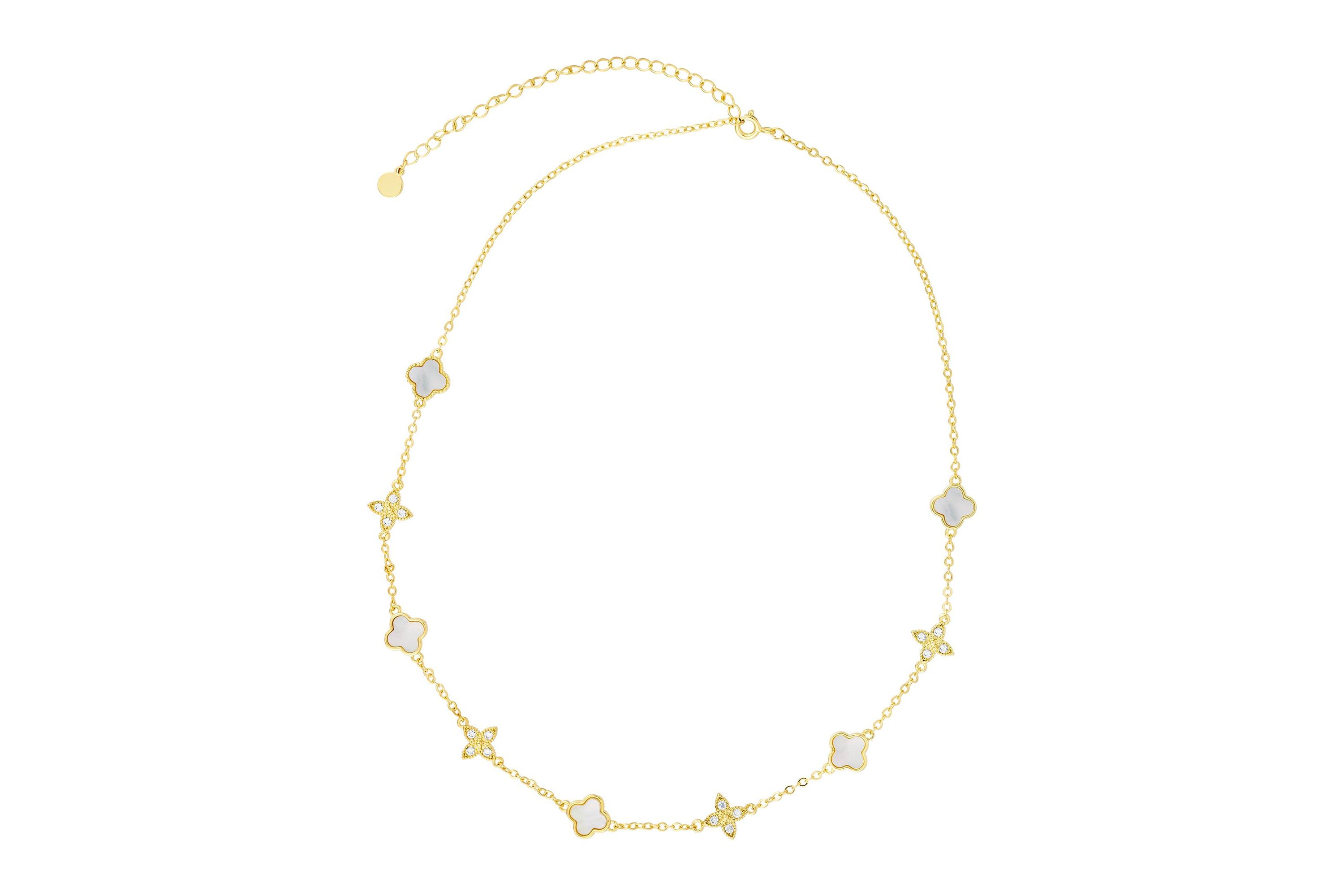14k Gold Plated Mixed Mother of Pearl and CZ Clover Station Necklace